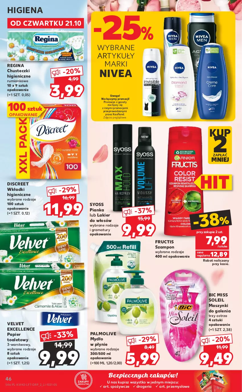 Gazetka promocyjna Kaufland - OFERTA TYGODNIA - ważna 21.10 do 27.10.2021 - strona 46 - produkty: BIC, Chusteczki, Discreet, Fructis, Gin, Gra, Lakier, Lakier do włosów, Mydło, Mydło w płynie, Nivea, Palmolive, Papier, Papier toaletowy, Piec, Rama, Rum, Syoss, Szampon, Velvet, Waga, Wkładki