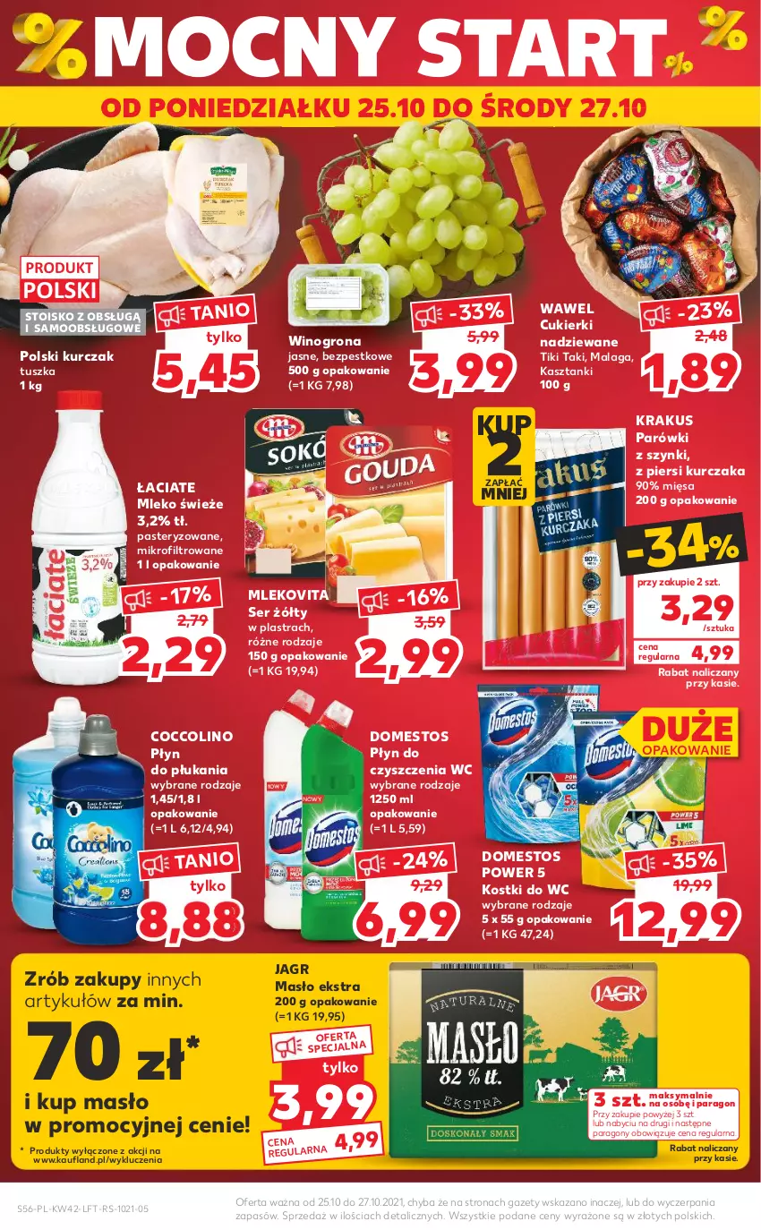 Gazetka promocyjna Kaufland - OFERTA TYGODNIA - ważna 21.10 do 27.10.2021 - strona 56 - produkty: Coccolino, Cukier, Cukierki, Cukierki nadziewane, Domestos, Jagr, Krakus, Kurczak, Masło, Mleko, Mlekovita, Parówki, Parówki z szynki, Płyn do czyszczenia wc, Płyn do płukania, Ser, Tusz, Wawel, Wino, Winogrona