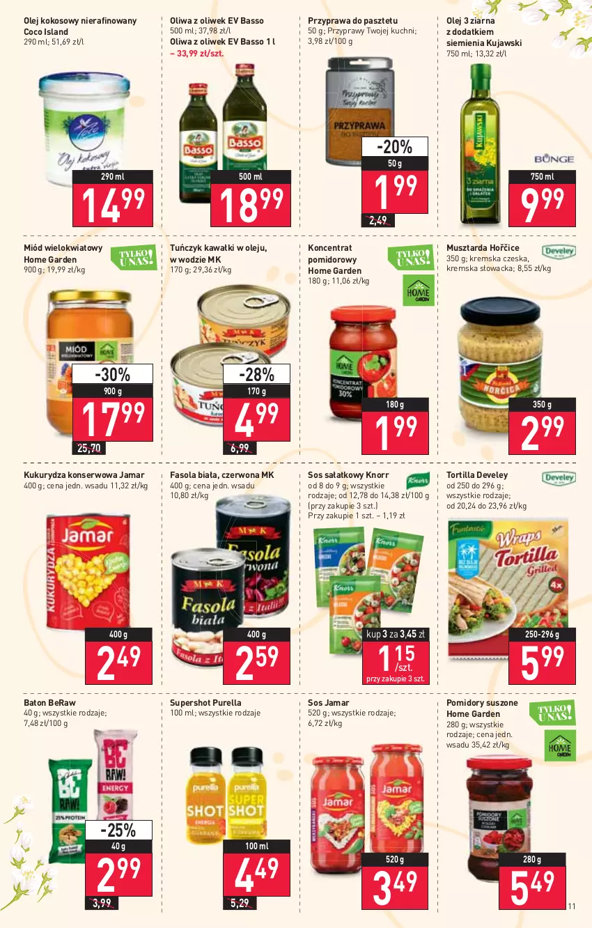 Gazetka promocyjna Stokrotka - Supermarket - ważna 31.03 do 06.04.2022 - strona 11 - produkty: Baton, Fa, Fasola, Isla, Kawa, Knorr, Kokos, Koncentrat pomidorowy, Kujawski, Kukurydza, Kukurydza konserwowa, Miód, Mus, Musztarda, Olej, Olej kokosowy, Oliwa z oliwek, Pasztet, Pomidory, Przyprawy, Pur, Sałat, Ser, Sos, Tortilla, Tuńczyk