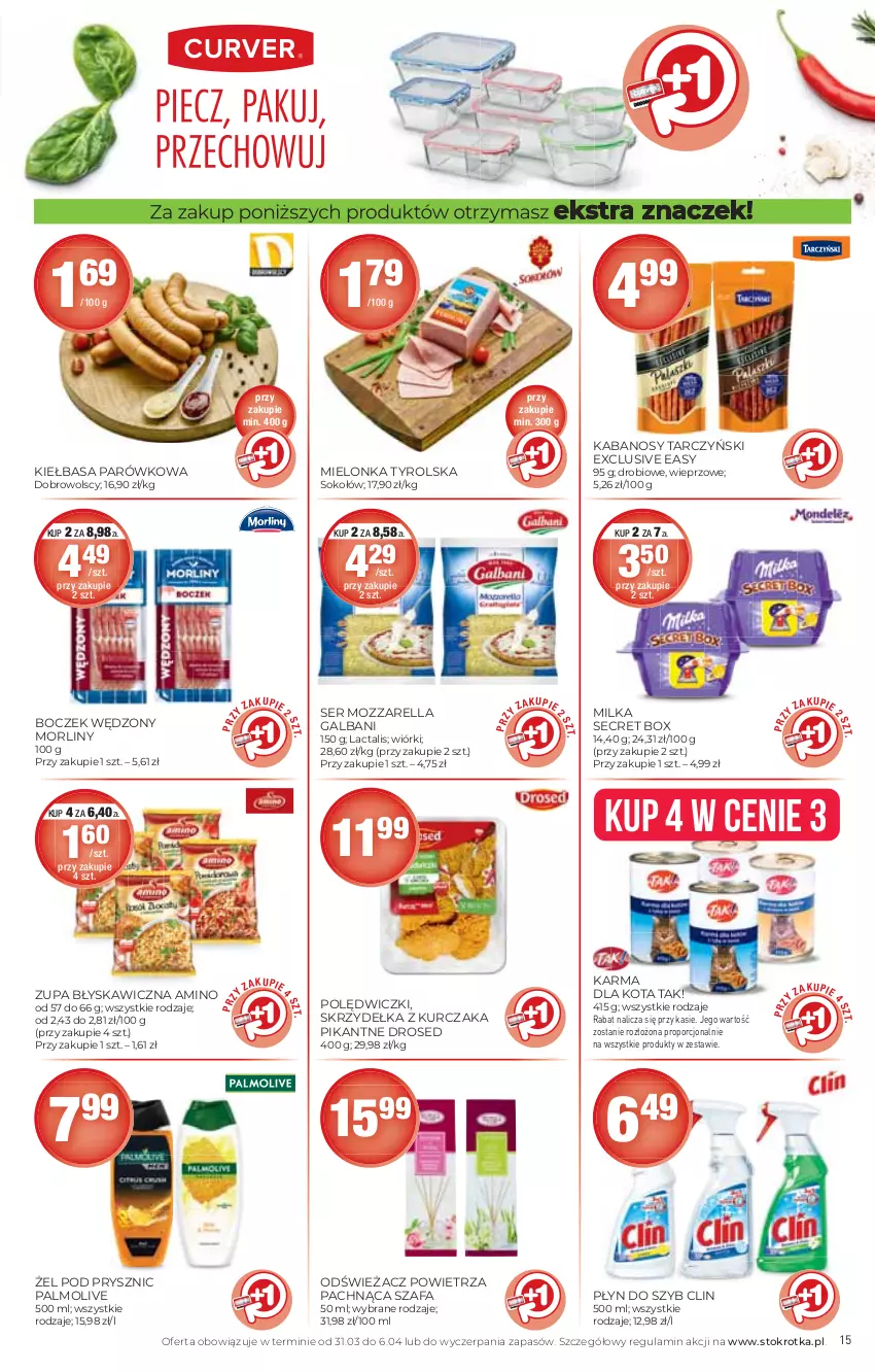 Gazetka promocyjna Stokrotka - Supermarket - ważna 31.03 do 06.04.2022 - strona 15 - produkty: Boczek, Clin, Fa, Galbani, Kabanos, Kiełbasa, Kurczak, Mielonka tyrolska, Milka, Morliny, Mozzarella, Odświeżacz powietrza, Palmolive, Płyn do szyb, Por, Ser, Skrzydełka z kurczaka, Sok, Sokołów, Szafa, Tarczyński, Zupa