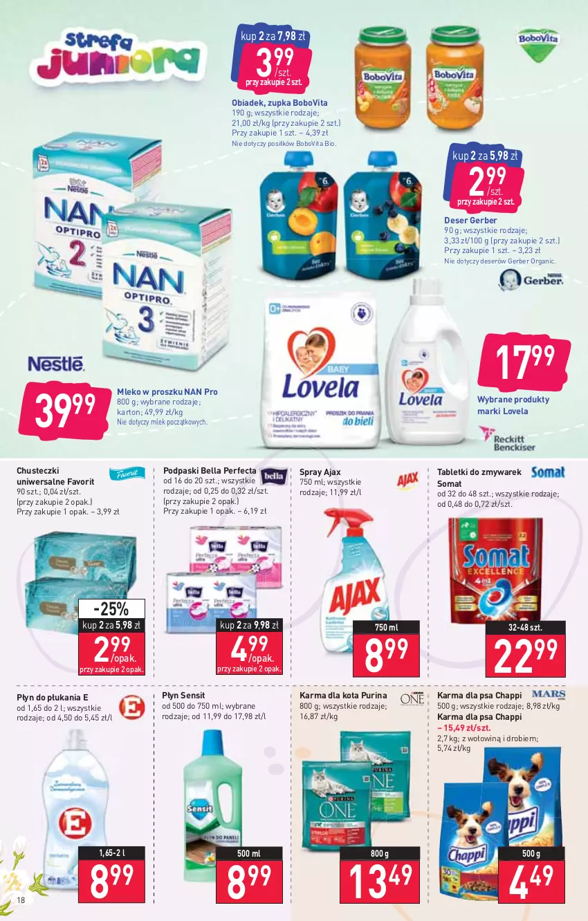 Gazetka promocyjna Stokrotka - Supermarket - ważna 31.03 do 06.04.2022 - strona 18 - produkty: Ajax, Bell, Bella, BoboVita, Chappi, Chusteczki, Deser, Fa, Gerber, Lovela, Mleko, Mleko w proszku, Perfecta, Płyn do płukania, Podpaski, Pur, Purina, Ser, Somat, Tablet