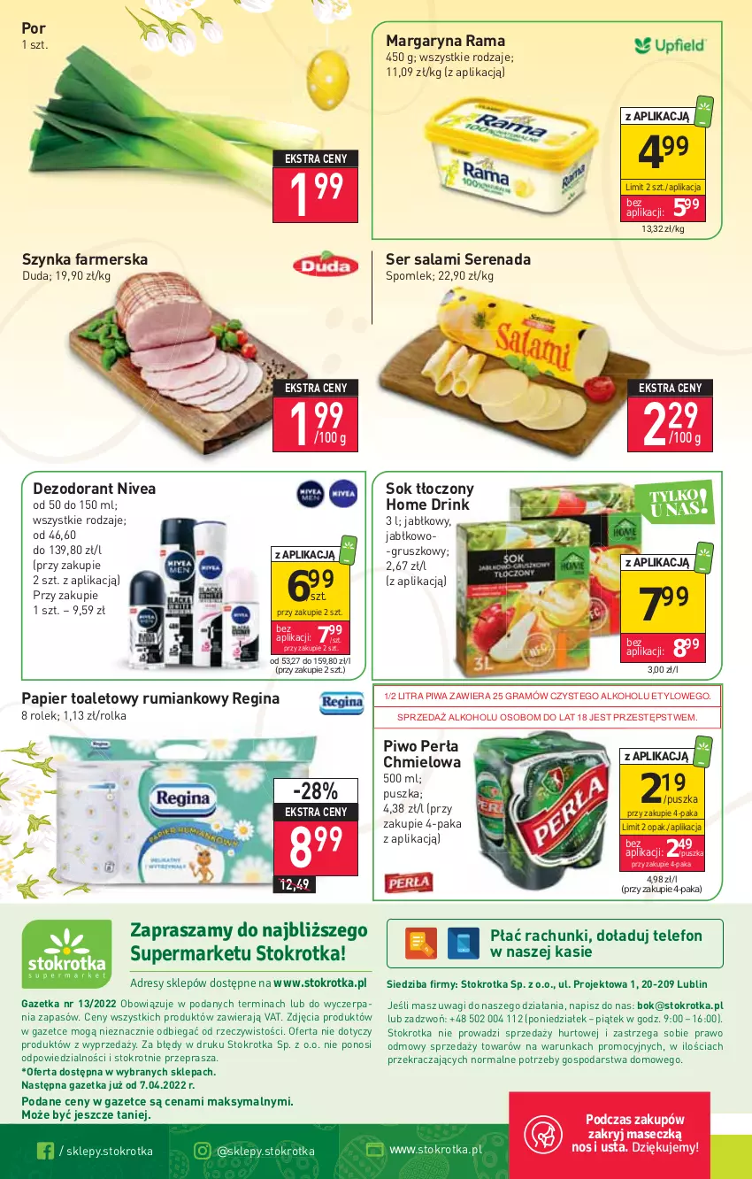 Gazetka promocyjna Stokrotka - Supermarket - ważna 31.03 do 06.04.2022 - strona 20 - produkty: Dezodorant, Duda, Fa, Gin, Gra, Margaryna, Nivea, O nas, Papier, Papier toaletowy, Perła, Piwa, Piwo, Por, Rama, Rum, Salami, Ser, Ser salami, Sok, Szynka, Szynka farmerska, Telefon, Wagi