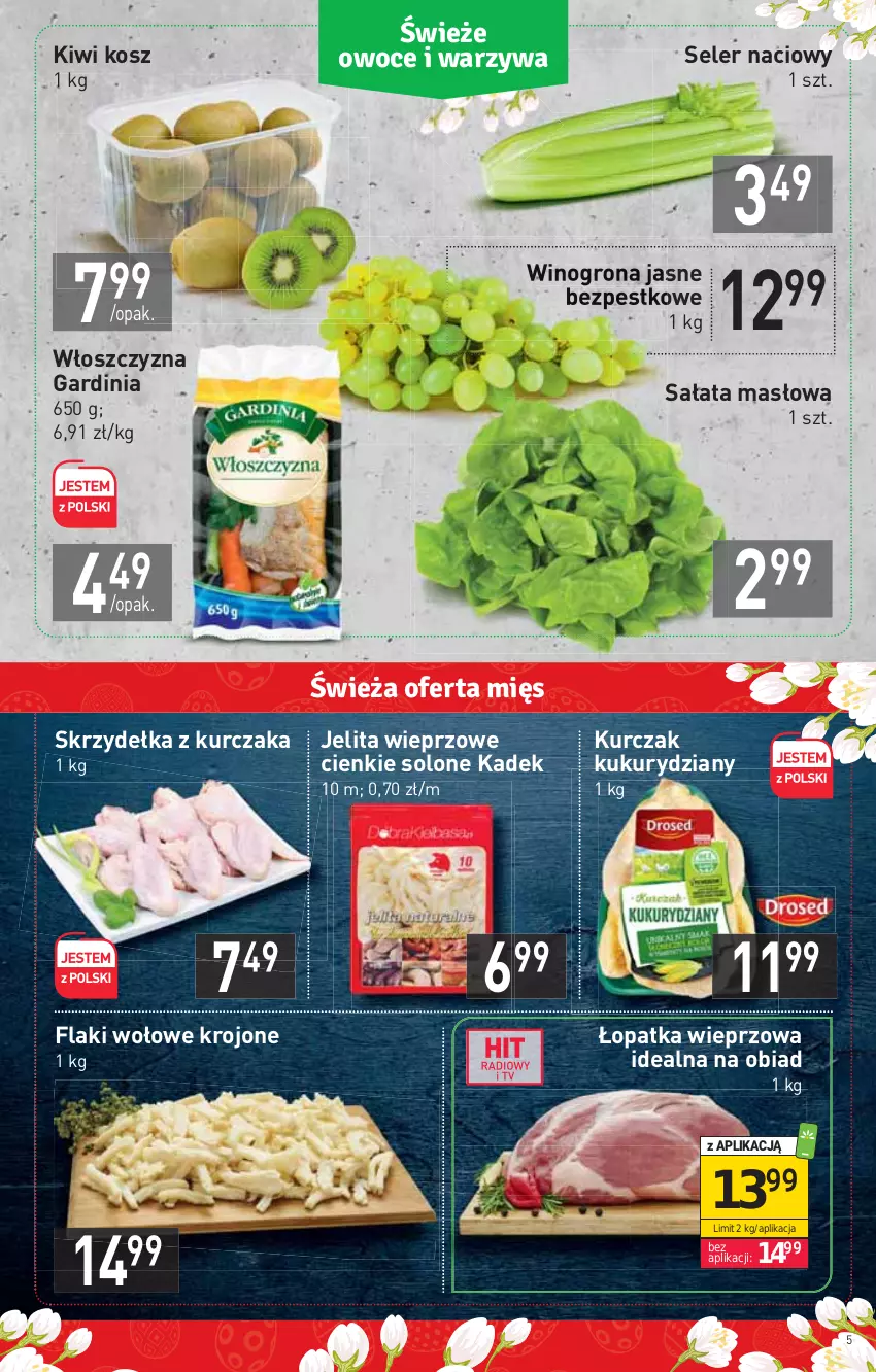 Gazetka promocyjna Stokrotka - Supermarket - ważna 31.03 do 06.04.2022 - strona 5 - produkty: Flaki, Flaki wołowe, Kiwi, Kosz, Kurczak, Masło, Sałat, Sałata masłowa, Seler naciowy, Skrzydełka z kurczaka, Wino, Winogrona