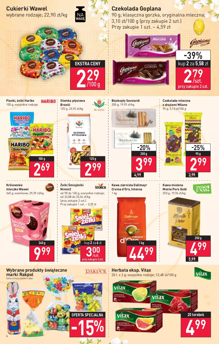 Gazetka promocyjna Stokrotka - Supermarket - ważna 31.03 do 06.04.2022 - strona 6 - produkty: Biszkopty, Cukier, Cukierki, Czekolada, Czekolada mleczna, Dallmayr, Gin, Goplana, Haribo, Herbata, Kawa, Kawa mielona, Kawa ziarnista, Królewski, Królewskie Mleczko, LANA, Mleczko, Monte, Nimm2, Vitax, Wawel