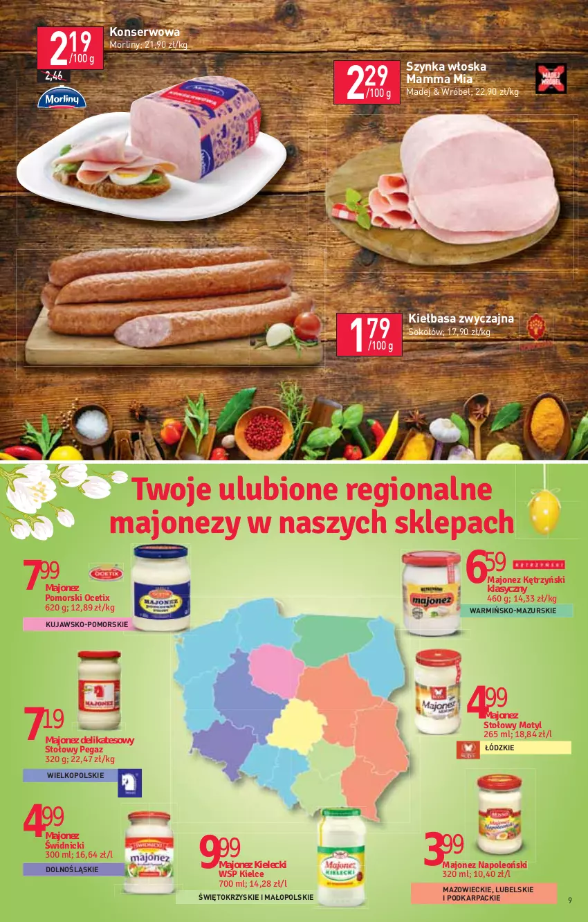 Gazetka promocyjna Stokrotka - Supermarket - ważna 31.03 do 06.04.2022 - strona 9 - produkty: Karp, Kiełbasa, Majonez, Morliny, Ser, Sok, Sokołów, Szynka