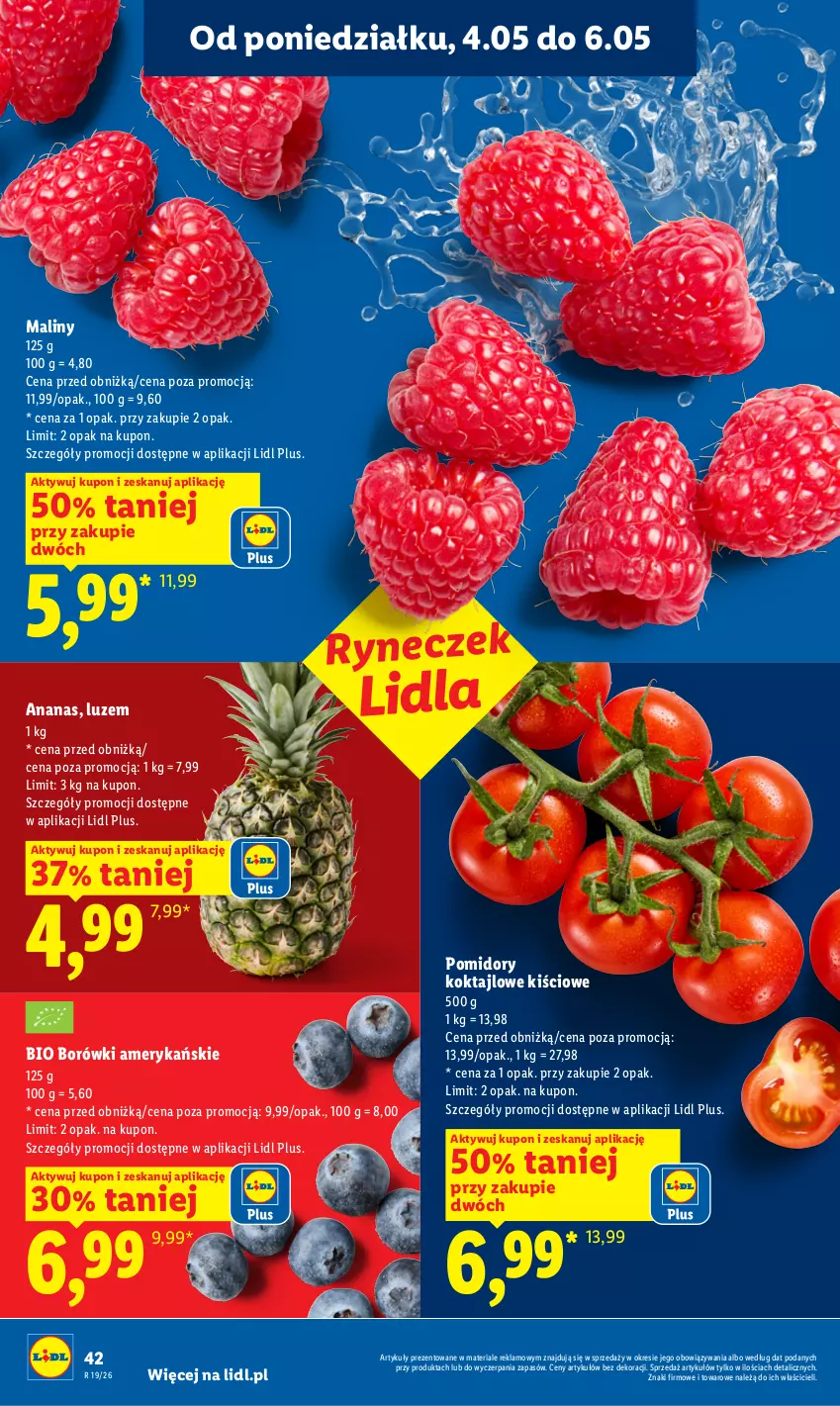 Gazetka promocyjna Lidl - Gazetka ważna od 04.05 do 06.05 - ważna 04.05 do 06.05.2026 - strona 42 - produkty: Ananas, Maliny, Pomidory
