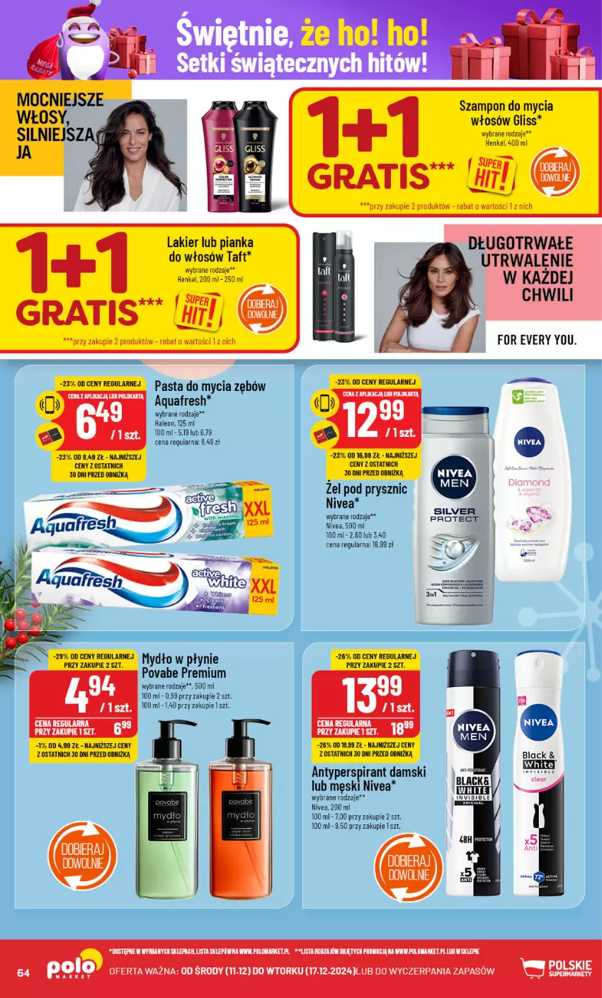 Gazetka promocyjna PoloMarket - Gazetka pomocyjna - ważna 11.10 do 17.10.2024 - strona 64 - produkty: Antyperspirant, Aquafresh, Gra, Lakier, Leon, Mydło, Nivea, Pianka do włosów, Sos, Szampon, Taft