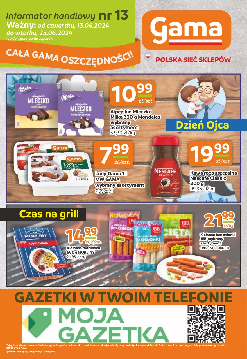 Gazetka promocyjna Gama - Gazetka Gama - ważna 13.06 do 25.06.2024 - strona 12 - produkty: Gra, Grill, Kawa, Kawa rozpuszczalna, Kiełbasa, Lody, Milka, Mleczko, Morliny, Ser, Telefon