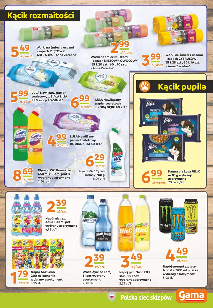 Gazetka promocyjna Gama - Gazetka Gama - ważna 13.06 do 25.06.2024 - strona 9 - produkty: Domestos, Felix, Gra, Leon, Napój, Nawilżany papier, Papier, Papier toaletowy, Płyn do wc, Rum, Sok, Tonik, Tytan, Woda, Worki na śmiec, Worki na śmieci