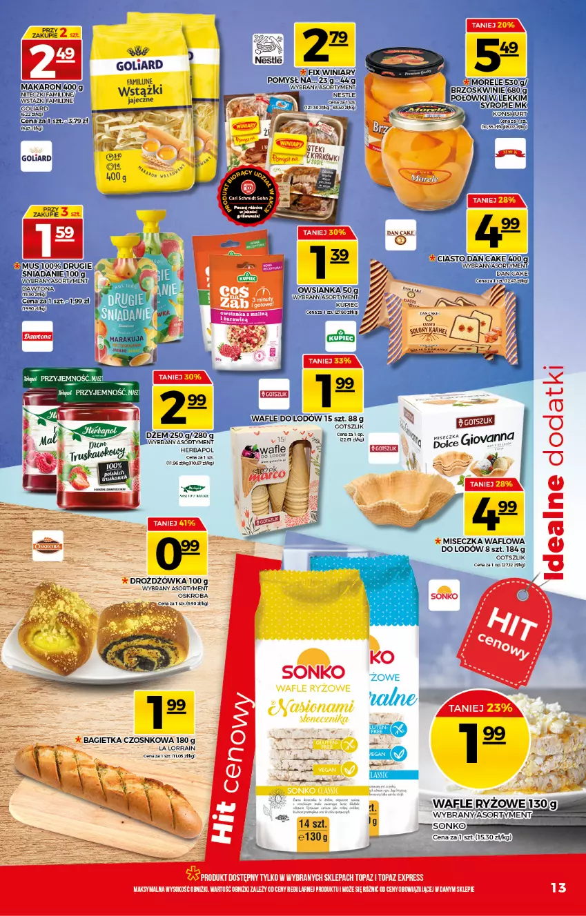 Gazetka promocyjna Topaz - Gazetka - ważna 13.05 do 19.05.2021 - strona 13 - produkty: Bagietka, Bagietka czosnkowa, Fa, Goliard, Makaron, Miseczka, Wafle