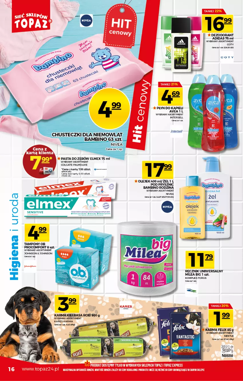 Gazetka promocyjna Topaz - Gazetka - ważna 13.05 do 19.05.2021 - strona 16 - produkty: Adidas, Chusteczki, Colgate, Dezodorant, Elmex, Felix, Kiełbasa, LG, Nivea, Olej, Olejek pod prysznic, Palmolive, Pasta do zębów, Płyn do kąpieli, Ręcznik, Sok, Tampony, Top, Tran