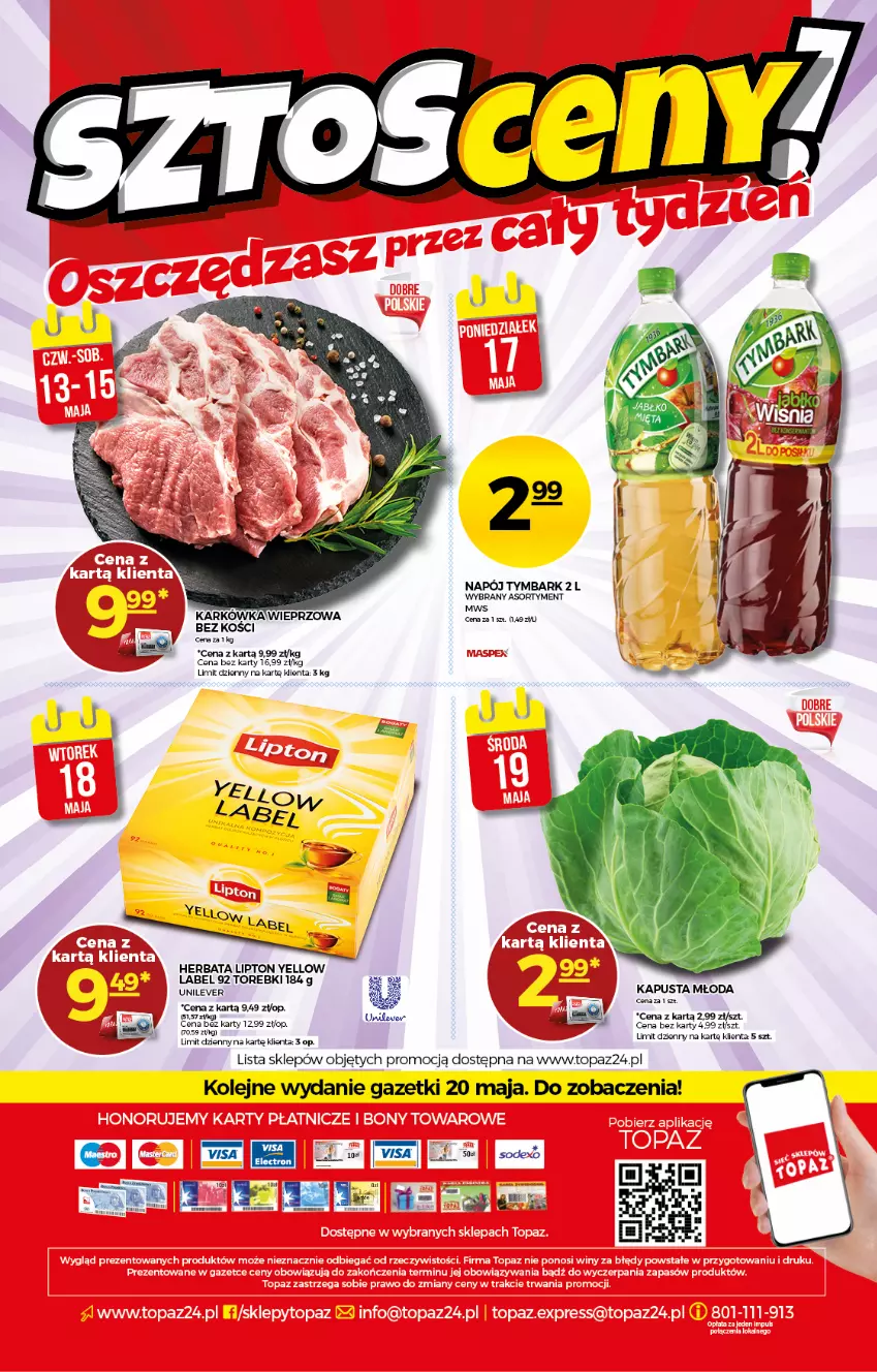 Gazetka promocyjna Topaz - Gazetka - ważna 13.05 do 19.05.2021 - strona 20 - produkty: Herbata, Karkówka wieprzowa, LG, Lipton, Napój, Olej, Top, Tymbark