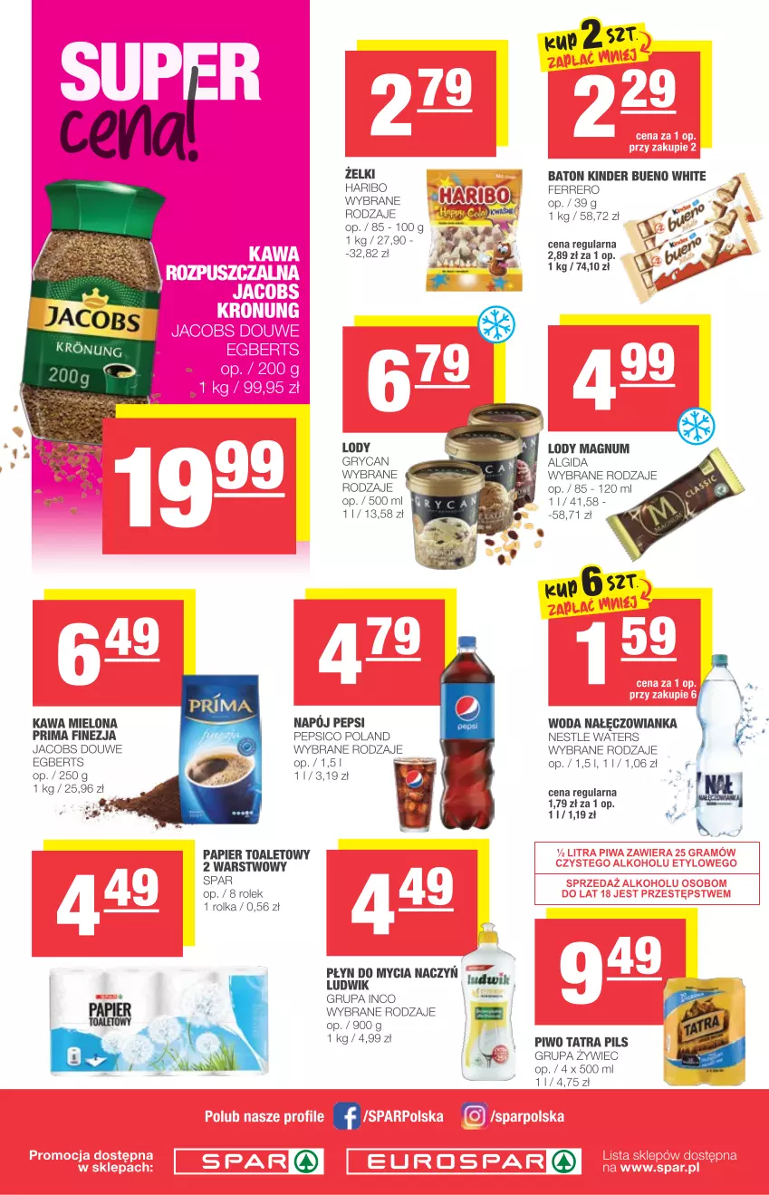 Gazetka promocyjna Spar - Eurospar - ważna 04.08 do 10.08.2021 - strona 4 - produkty: Algida, Baton, Do mycia naczyń, Ferrero, Gry, Haribo, Jacobs, Kawa, Kawa mielona, Kinder, Kinder Bueno, LG, Lody, Ludwik, Nałęczowianka, Papier, Papier toaletowy, Pepsi, Piwo, Płyn do mycia, Płyn do mycia naczyń, Prima, Tatra, Woda