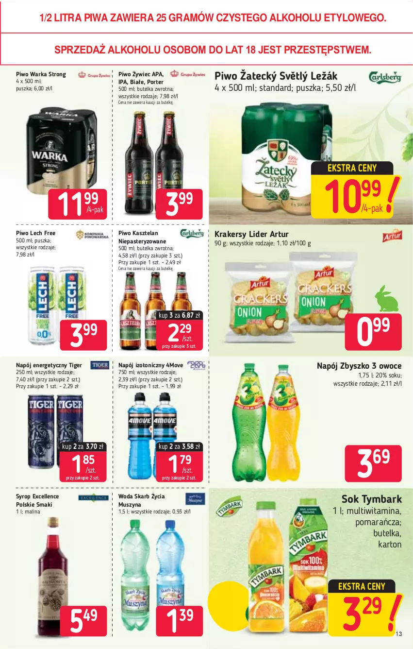 Gazetka promocyjna Stokrotka - Market - ważna 01.04 do 07.04.2021 - strona 13 - produkty: Artur, Gra, Kasztelan, Krakersy, Mus, Napój, Napój energetyczny, Napój izotoniczny, Owoce, Piwa, Piwo, Por, Sok, Syrop, Szyna, Tiger, Tymbark, Warka, Woda