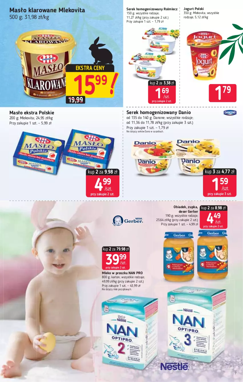 Gazetka promocyjna Stokrotka - Market - ważna 01.04 do 07.04.2021 - strona 7 - produkty: Danio, Danone, Deser, Gerber, Jogurt, Masło, Masło klarowane, Mleko, Mleko w proszku, Mlekovita, Rolmlecz, Ser, Serek, Serek homogenizowany