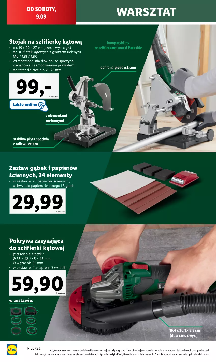 Gazetka promocyjna Lidl - GAZETKA - ważna 04.09 do 09.09.2023 - strona 40 - produkty: Dźwig, Papier, Parkside, Płyta, Pokrywa, Stojak, Szlifierka, Wkładki