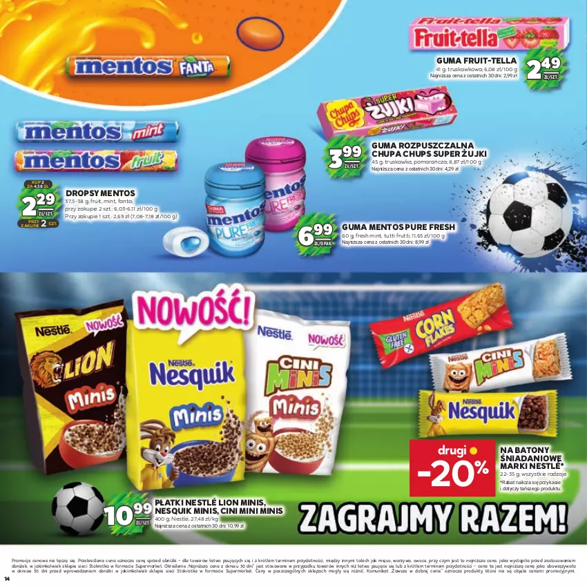 Gazetka promocyjna Stokrotka - Katalog Piłkarski - ważna 13.06.2023 do 26.06.2024 - strona 14 - produkty: Baton, Chupa Chups, Danio, Fa, Fanta, Guma rozpuszczalna, Lion, Mentos, Mięso, Nesquik, Nestlé, Owoce, Pur, Warzywa