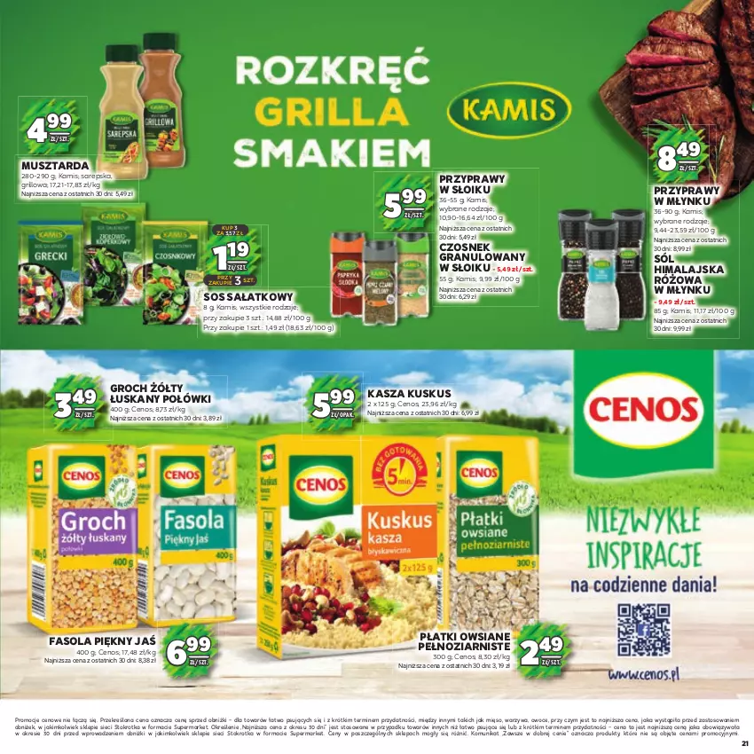 Gazetka promocyjna Stokrotka - Katalog Piłkarski - ważna 13.06.2023 do 26.06.2024 - strona 21 - produkty: Cenos, Czosnek, Czosnek granulowany, Fa, Fasola, Gra, Grill, Groch, Kamis, Kasza, Kuskus, Mięso, Mus, Musztarda, Owoce, Płatki owsiane, Przyprawy, Sałat, Sól, Sól himalajska, Sos, Warzywa