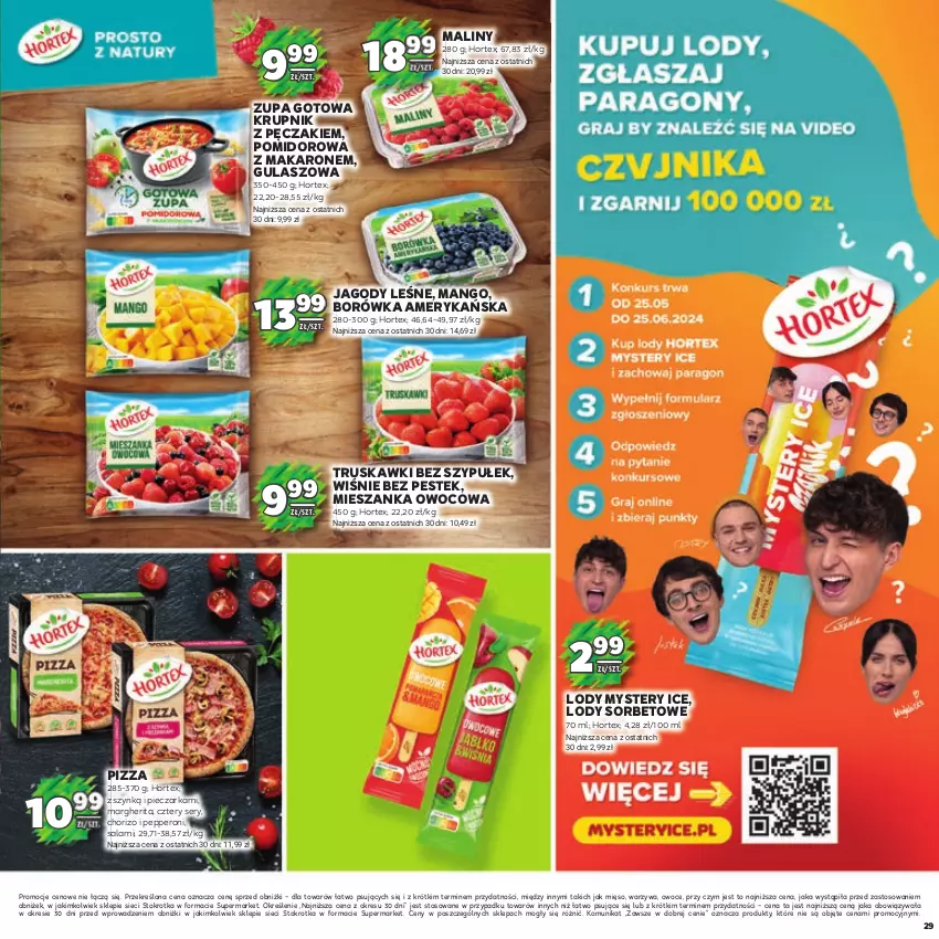 Gazetka promocyjna Stokrotka - Katalog Piłkarski - ważna 13.06.2023 do 26.06.2024 - strona 29 - produkty: Borówka, Borówka amerykańska, Hortex, Jagody, Krupnik, Lody, Makaron, Maliny, Mango, Mięso, Owoce, Piec, Pieczarka, Pizza, Salami, Ser, Stek, Truskawki, Warzywa, Zupa