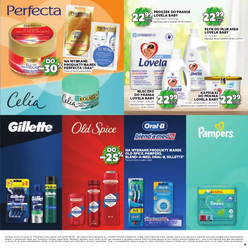 Gazetka promocyjna Stokrotka - Katalog Piłkarski - ważna 13.06.2023 do 26.06.2024 - strona 47 - produkty: Blend-a-Med, DAX, Gillette, Kapsułki do prania, Lovela, Mięso, Mleczko, Mleczko do prania, Owoce, Pampers, Perfecta, Płyn do płukania, Warzywa