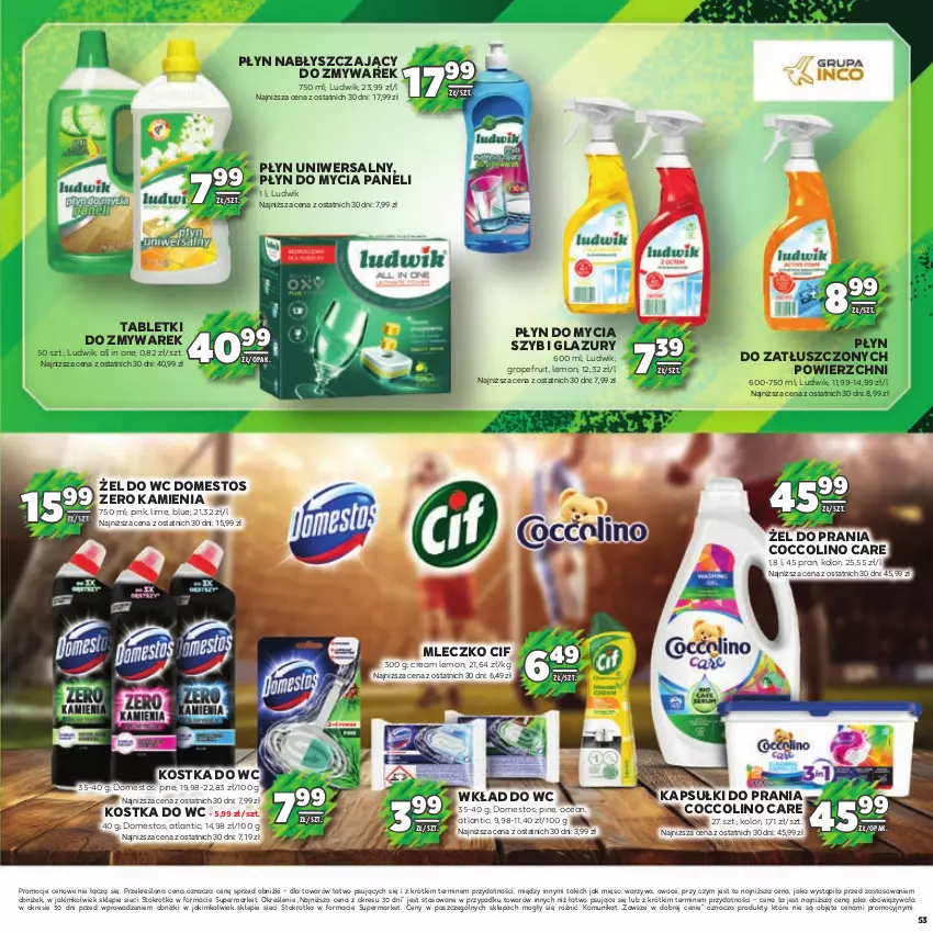 Gazetka promocyjna Stokrotka - Katalog Piłkarski - ważna 13.06.2023 do 26.06.2024 - strona 53 - produkty: Cif, Coccolino, Domestos, Gra, Kapsułki do prania, Kostka do wc, Lazur, Ludwik, Mięso, Mleczko, Owoce, Płyn do mycia, Płyn do mycia paneli, Płyn nabłyszczający, Tablet, Warzywa