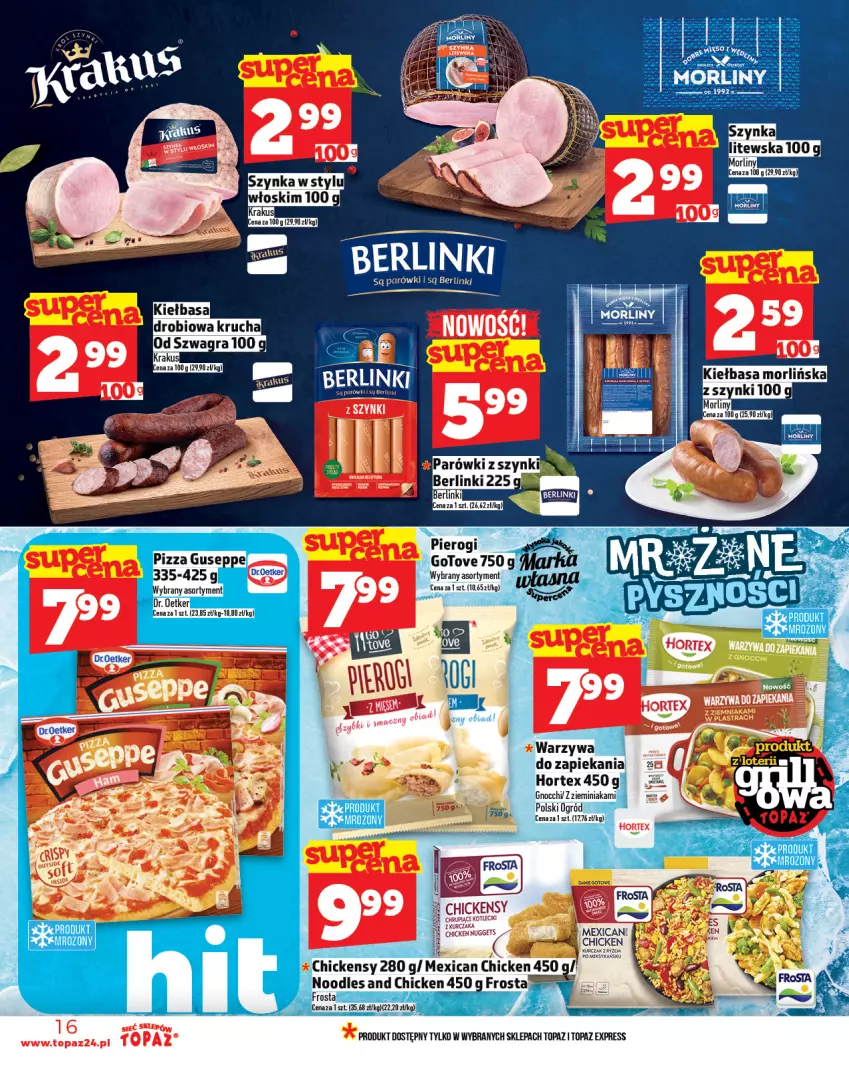 Gazetka promocyjna Topaz - Gazetka - ważna 05.06 do 11.06.2025 - strona 16 - produkty: Berlinki, Danie gotowe, Dr. Oetker, Gnocchi, Hortex, Kawa, Kiełbasa, Krakus, Morliny, Ogród, Parówki, Parówki z szynki, Pierogi, Pizza, Por, Top, Warzywa