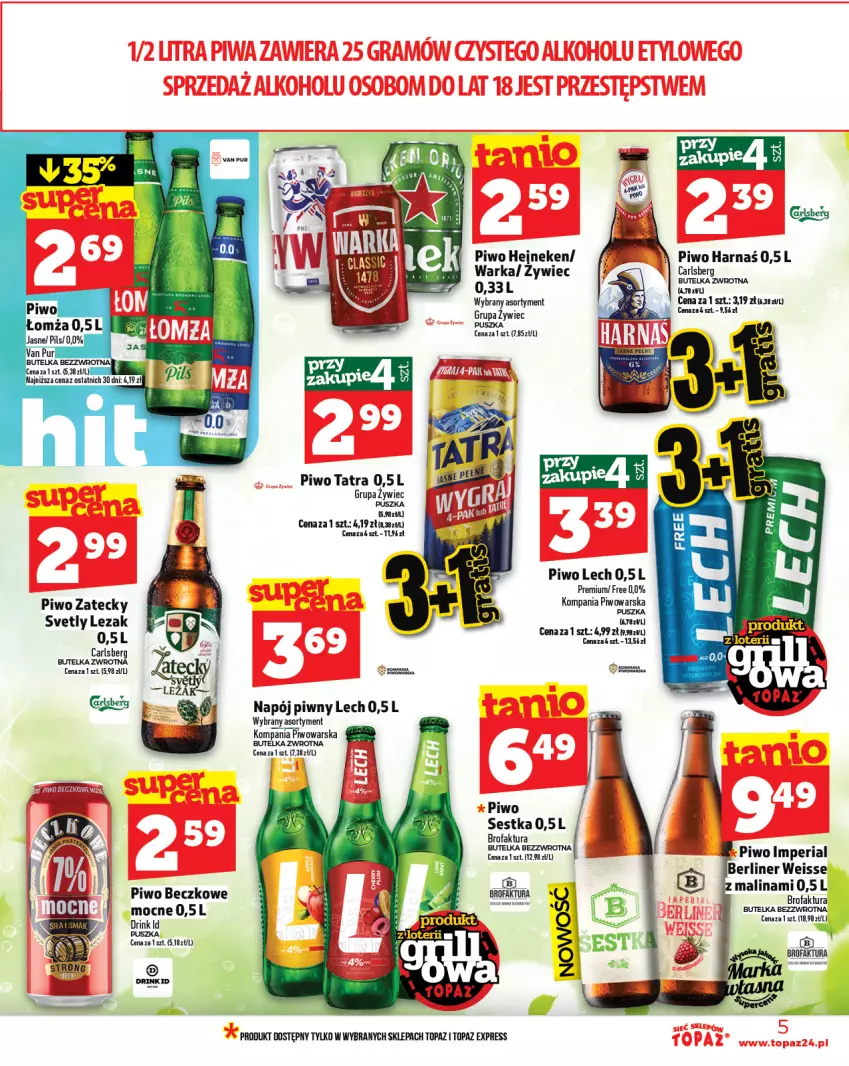 Gazetka promocyjna Topaz - Gazetka - ważna 05.06 do 11.06.2025 - strona 5 - produkty: Carlsberg, Fa, Harnaś, Napój, Piwo, Tatra, Top, Warka
