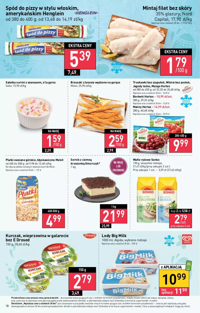 Gazetka promocyjna Stokrotka - Supermarket - ważna 16.03 do 22.03.2023 - strona 10 - produkty: Algida, Ananas, Big Milk, Brzuszki z łososia, Gala, Gra, Gyros, Hortex, Jagody, Kurczak, Lazur, LG, Lody, Maliny, Mango, Melvit, Mięso, Mintaj, Owoce, Piwa, Płatki owsiane, Ryż, Sałat, Sałatka, SEKO, Ser, Sonko, Sos, Spód do pizzy, Stek, Surimi, Truskawki, Wafle, Warzywa, Wieprzowina