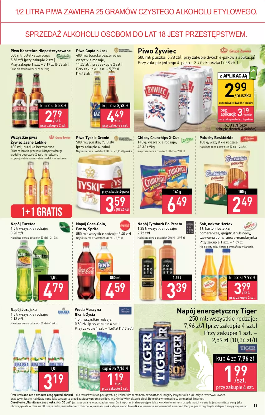 Gazetka promocyjna Stokrotka - Supermarket - ważna 16.03 do 22.03.2023 - strona 11 - produkty: Beskidzki, Captain Jack, Chipsy, Coca-Cola, Crunchips, Fa, Fanta, Gra, Grejpfrut, Hortex, Kasztelan, Mięso, Mus, Napój, Napój energetyczny, Nektar, Owoce, Piwa, Piwo, Por, Rubin, Sok, Sprite, Szyna, Tiger, Tymbark, Tyskie, Warzywa, Woda