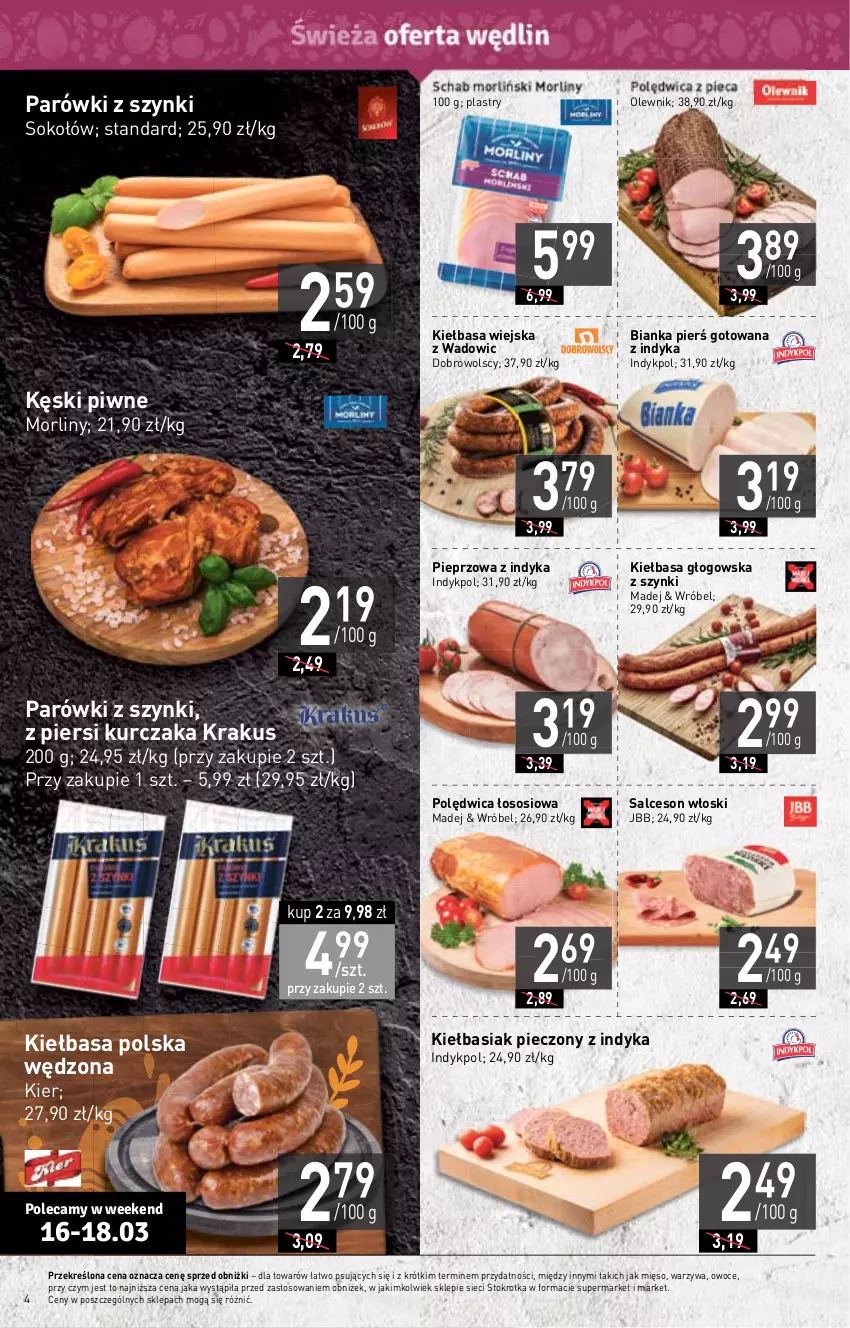 Gazetka promocyjna Stokrotka - Supermarket - ważna 16.03 do 22.03.2023 - strona 4 - produkty: Basia, Bianka, Kęski piwne, Kiełbasa, Kiełbasa głogowska, Kiełbasa wiejska, Krakus, Kurczak, Mięso, Morliny, Olewnik, Owoce, Parówki, Parówki z szynki, Piec, Pieprz, Polędwica, Salceson, Sok, Sokołów, Sos, Warzywa