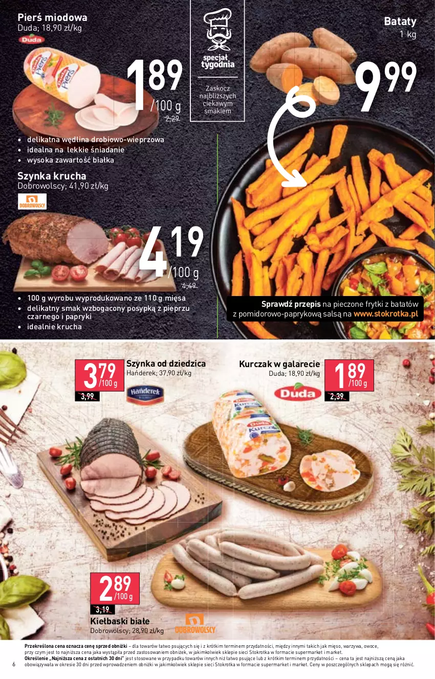 Gazetka promocyjna Stokrotka - Supermarket - ważna 16.03 do 22.03.2023 - strona 6 - produkty: Duda, Frytki, Frytki z batatów, Gala, Kiełbaski białe, Kurczak, Mięso, Owoce, Piec, Pieprz, Sok, Szynka, Warzywa, Wędlina