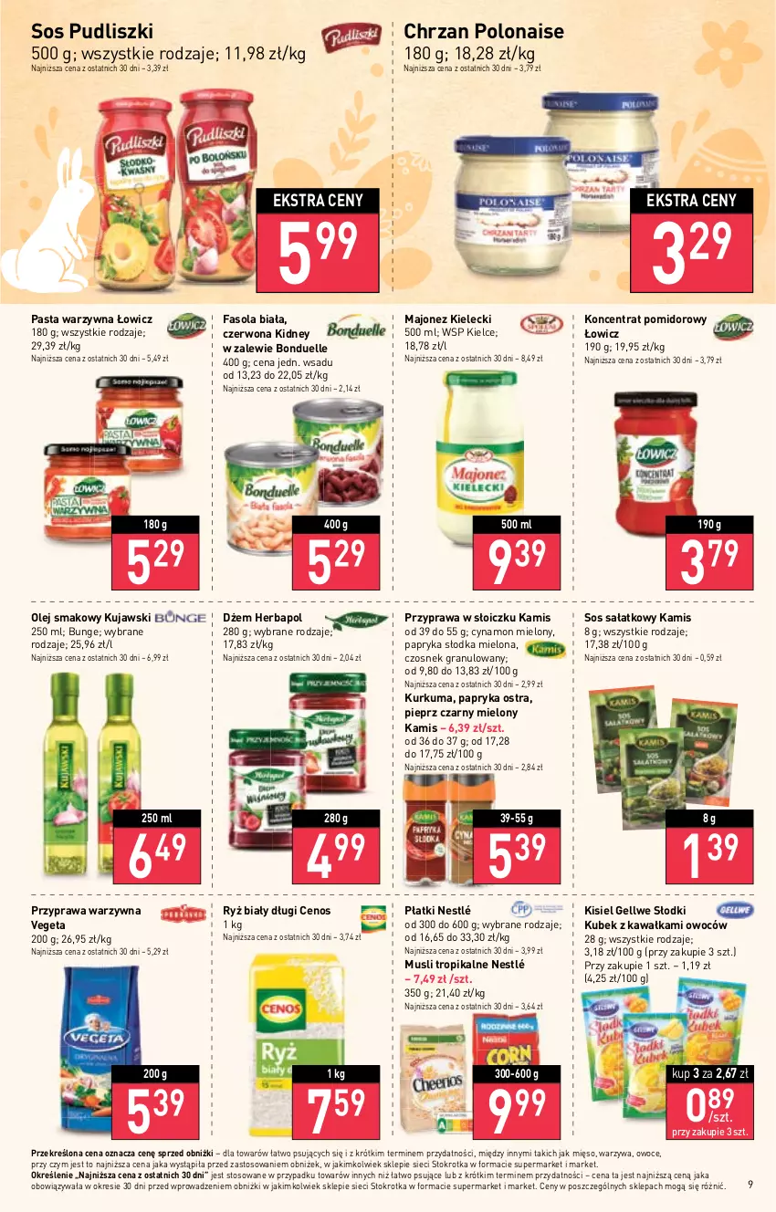 Gazetka promocyjna Stokrotka - Supermarket - ważna 16.03 do 22.03.2023 - strona 9 - produkty: Bonduelle, Cenos, Chrzan, Czosnek, Czosnek granulowany, Dżem, Fa, Fasola, Gra, Herbapol, Kamis, Kawa, Kisiel, Koncentrat pomidorowy, Kubek, Kujawski, Kurkuma, Majonez, Mięso, Mus, Nestlé, Olej, Olej smakowy, Owoce, Papryka, Papryka słodka, Pasta warzywna, Pieprz, Pudliszki, Ryż, Ryż biały, Sałat, Sos, Vegeta, Warzywa