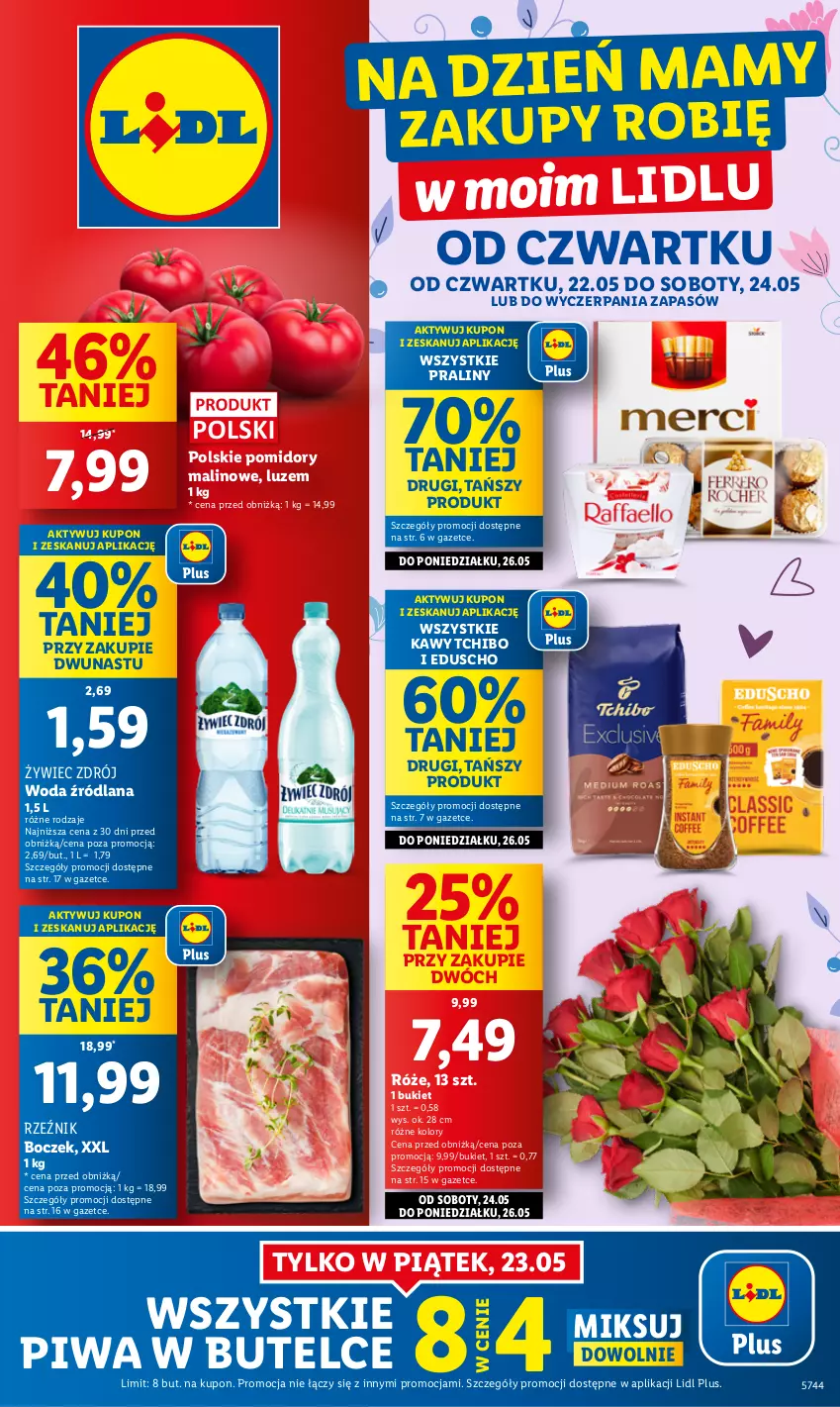 Gazetka promocyjna Lidl - GAZETKA - ważna 22.05 do 24.05.2025 - strona 1 - produkty: Boczek, Bukiet, LANA, Piwa, Pomidory, Praliny, Tchibo, Woda