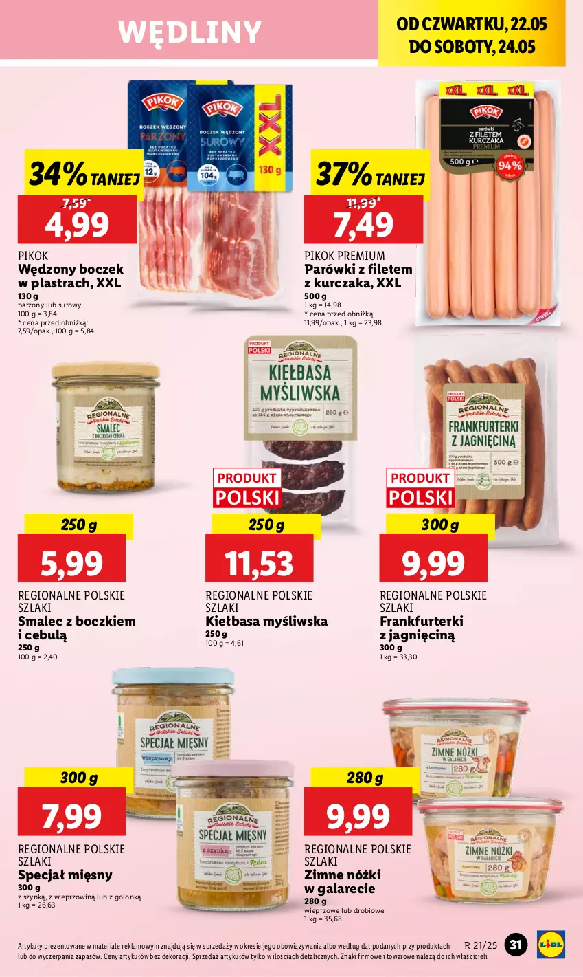 Gazetka promocyjna Lidl - GAZETKA - ważna 22.05 do 24.05.2025 - strona 39 - produkty: Boczek, Frankfurterki, Gala, Kiełbasa, Kurczak, Parówki, PIKOK, Smalec