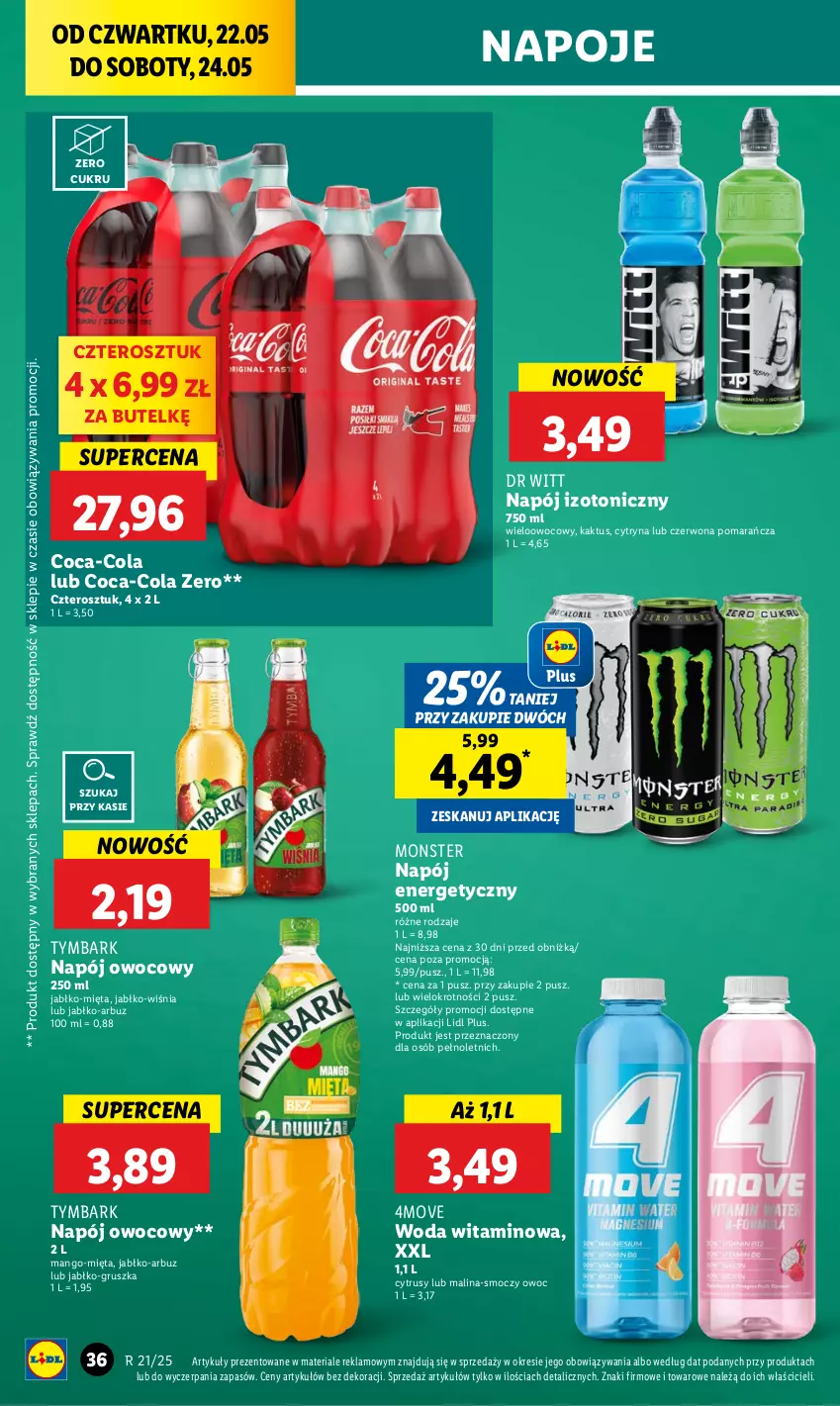 Gazetka promocyjna Lidl - GAZETKA - ważna 22.05 do 24.05.2025 - strona 44 - produkty: Arbuz, Coca-Cola, Kaktus, Mango, Mięta, Napój, Napój energetyczny, Napój izotoniczny, Napoje, Tymbark, Woda