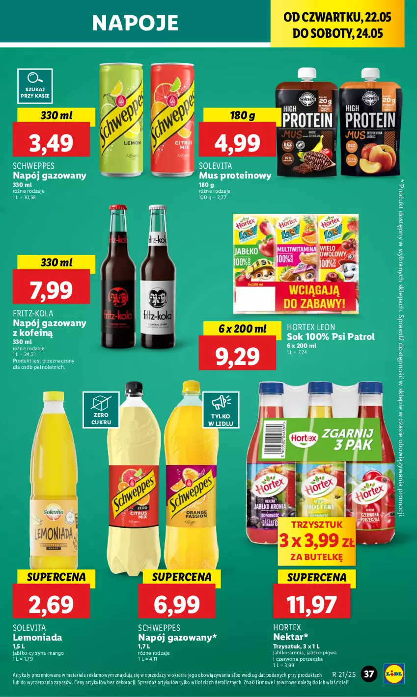 Gazetka promocyjna Lidl - GAZETKA - ważna 22.05 do 24.05.2025 - strona 45 - produkty: Aronia, Hortex, Lemoniada, Leon, Mango, Mus, Napój, Napój gazowany, Napoje, Nektar, Por, Psi Patrol, Schweppes, Sok