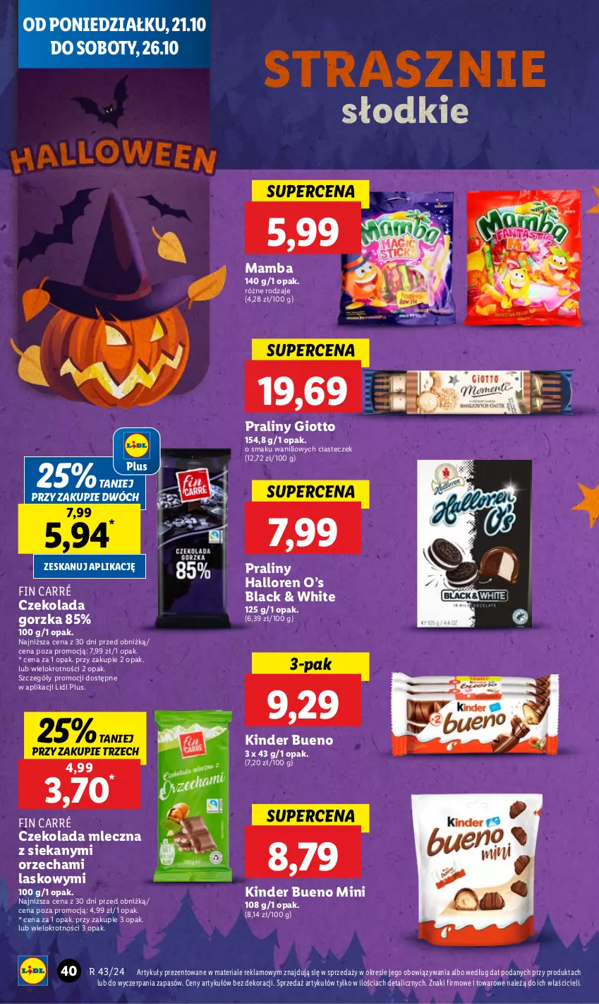 Gazetka promocyjna Lidl - GAZETKA - ważna 21.10 do 23.10.2024 - strona 44 - produkty: Czekolada, Czekolada gorzka, Czekolada mleczna, Kinder, Kinder Bueno, Lack, Mamba, Praliny