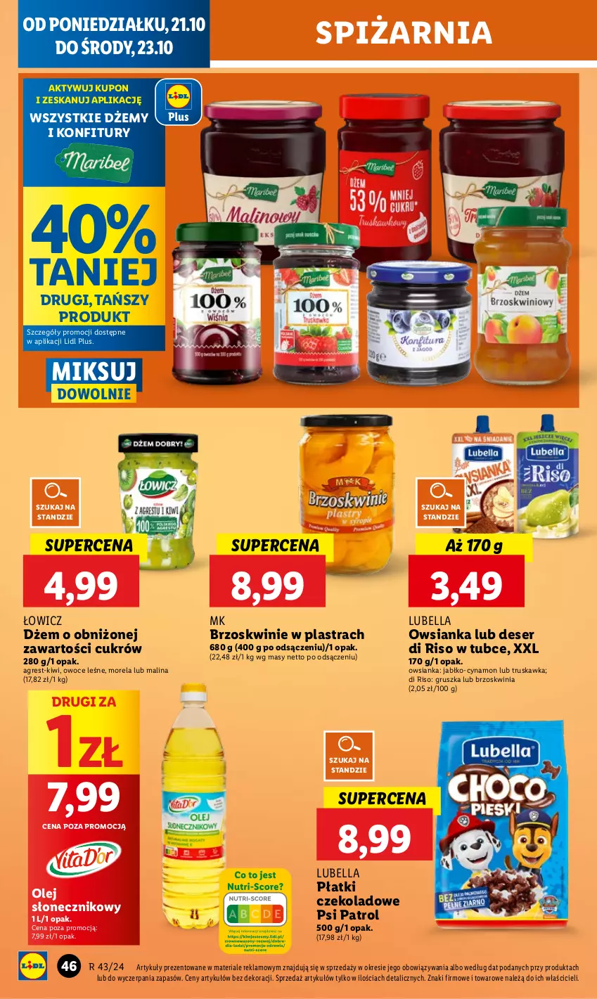 Gazetka promocyjna Lidl - GAZETKA - ważna 21.10 do 23.10.2024 - strona 52 - produkty: Bell, Bella, Brzoskwinie, Deser, Dżem, Gres, Kiwi, Lubella, Morela, Olej, Olej słonecznikowy, Owoce, Owsianka, Psi Patrol, Ser