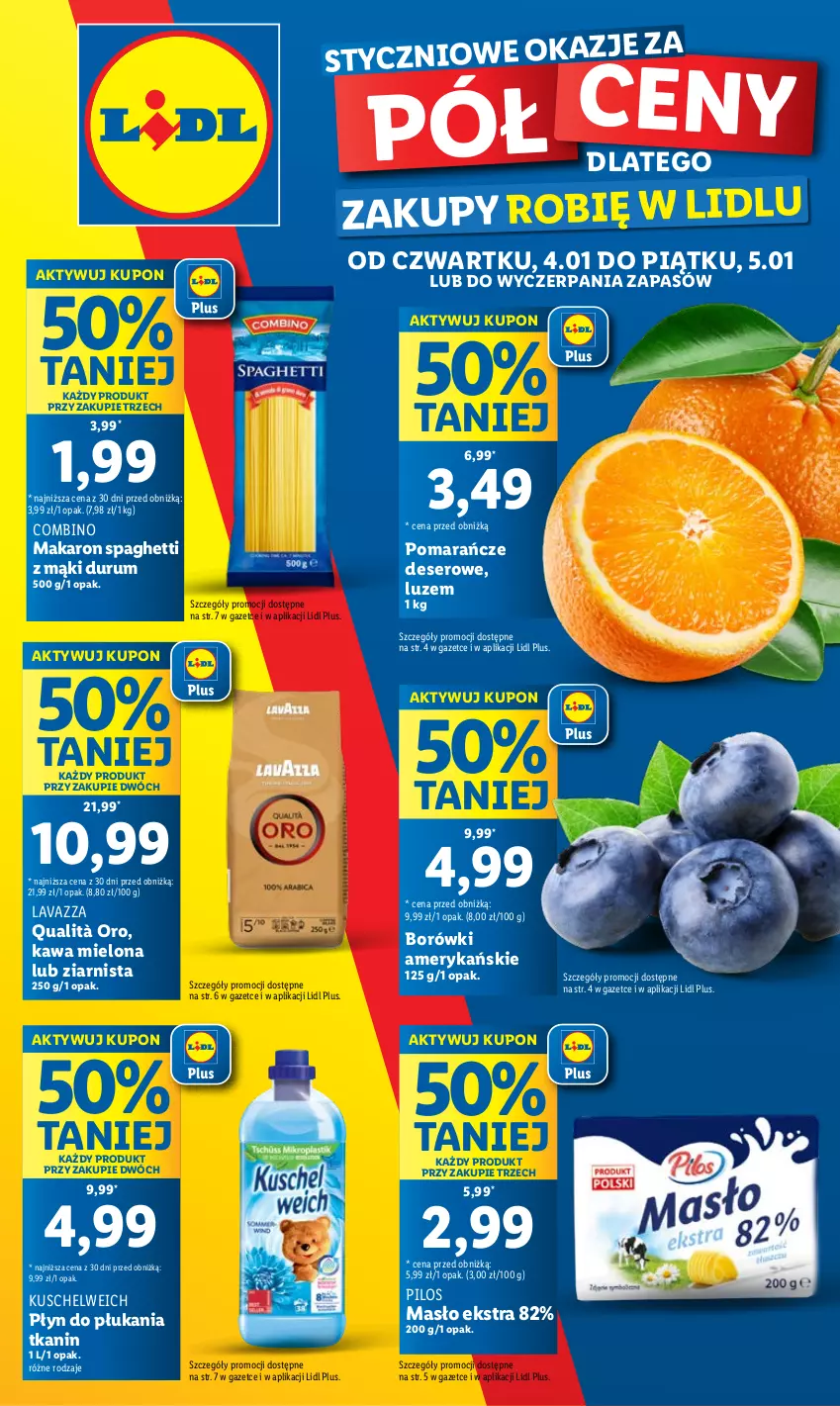 Gazetka promocyjna Lidl - GAZETKA - ważna 04.01 do 05.01.2024 - strona 1 - produkty: Deser, Kawa, Kawa mielona, Lavazza, Makaron, Masło, Pilos, Płyn do płukania, Pomarańcze, Rum, Ser, Spaghetti