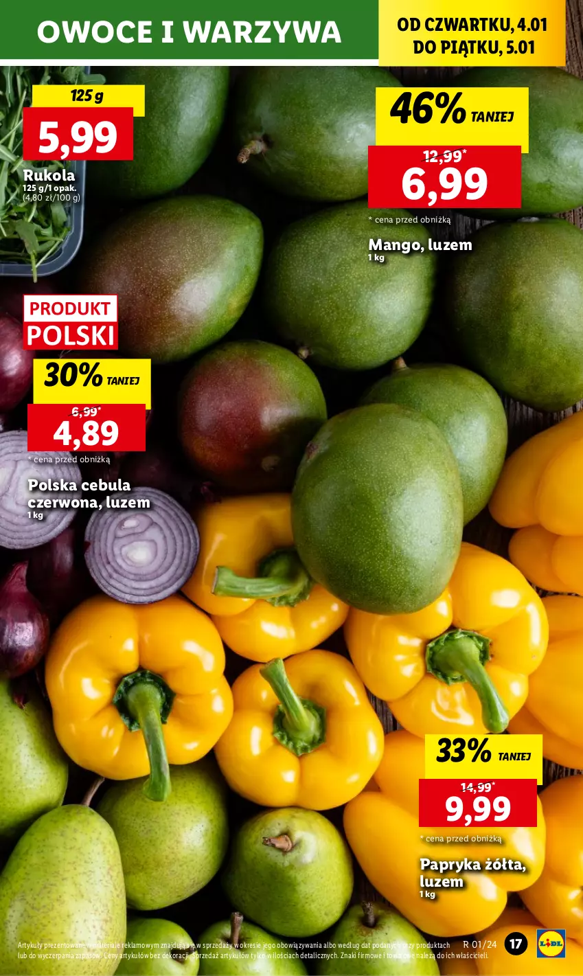 Gazetka promocyjna Lidl - GAZETKA - ważna 04.01 do 05.01.2024 - strona 19 - produkty: Cebula, Cebula czerwona, Mango, Owoce, Papryka, Papryka żółta, Rukola, Warzywa