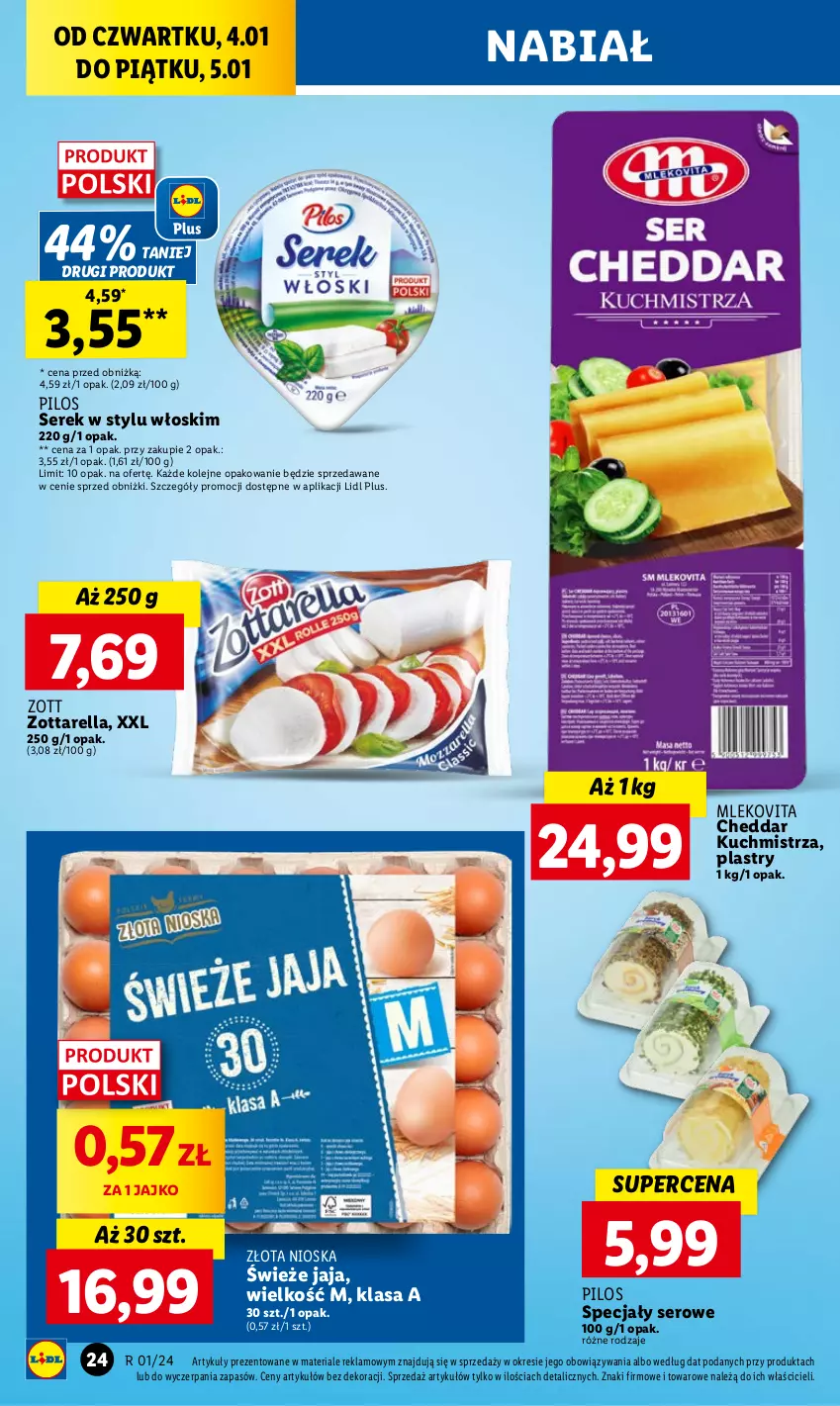 Gazetka promocyjna Lidl - GAZETKA - ważna 04.01 do 05.01.2024 - strona 26 - produkty: Cheddar, Jaja, Mleko, Mlekovita, Olej, Pilos, Ser, Serek, Vita C, Zott, Zottarella