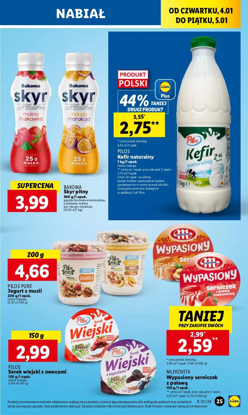 Gazetka promocyjna Lidl - GAZETKA - ważna 04.01 do 05.01.2024 - strona 27 - produkty: Bakoma, Borówka, Borówka amerykańska, Jogurt, Kefir, Kefir naturalny, Mango, Mleko, Mlekovita, Mus, Olej, Pilos, Pur, Ser, Serek, Serek wiejski