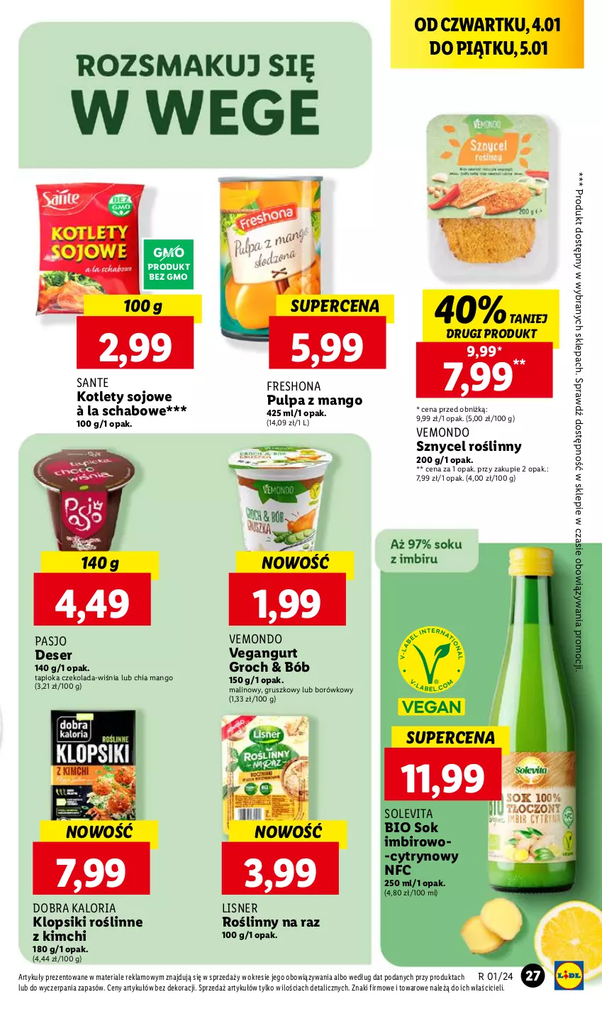 Gazetka promocyjna Lidl - GAZETKA - ważna 04.01 do 05.01.2024 - strona 29 - produkty: Chia, Czekolada, Deser, Groch, Imbir, Klopsiki, Kotlet, Lisner, Mango, Sante, Ser, Sok, Vegangurt