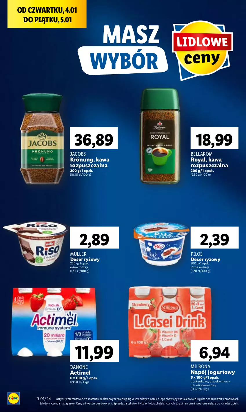 Gazetka promocyjna Lidl - GAZETKA - ważna 04.01 do 05.01.2024 - strona 36 - produkty: Actimel, Bell, Bella, Danone, Deser, Jacobs, Jogurt, Kawa, Kawa rozpuszczalna, Müller, Napój, Napój jogurtowy, Pilos, Ryż, Ser