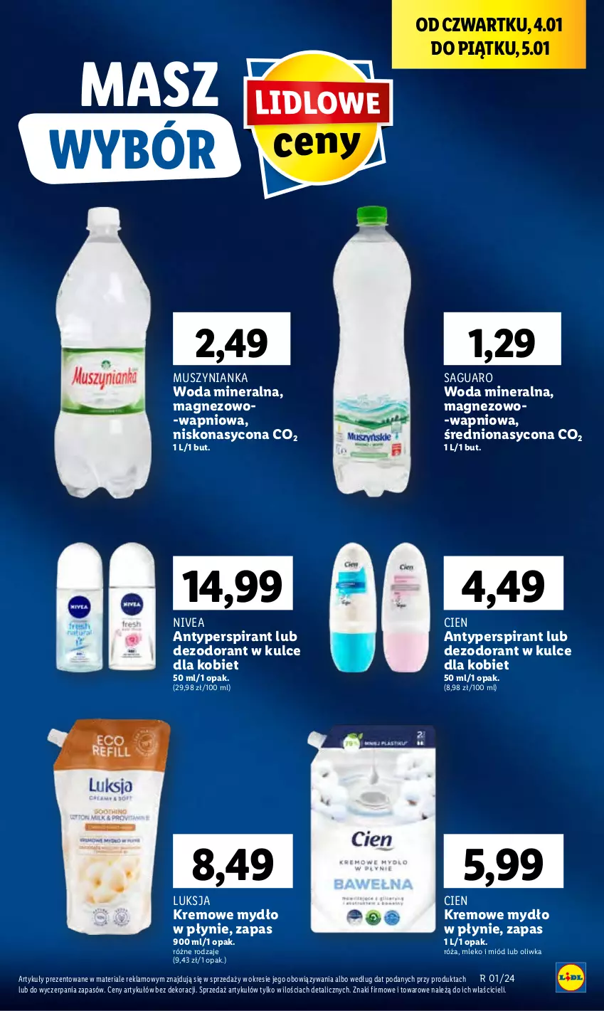 Gazetka promocyjna Lidl - GAZETKA - ważna 04.01 do 05.01.2024 - strona 37 - produkty: Antyperspirant, Dezodorant, Luksja, Magnez, Miód, Mleko, Mus, Muszynianka, Mydło, Mydło w płynie, Nivea, Róża, Woda, Woda mineralna