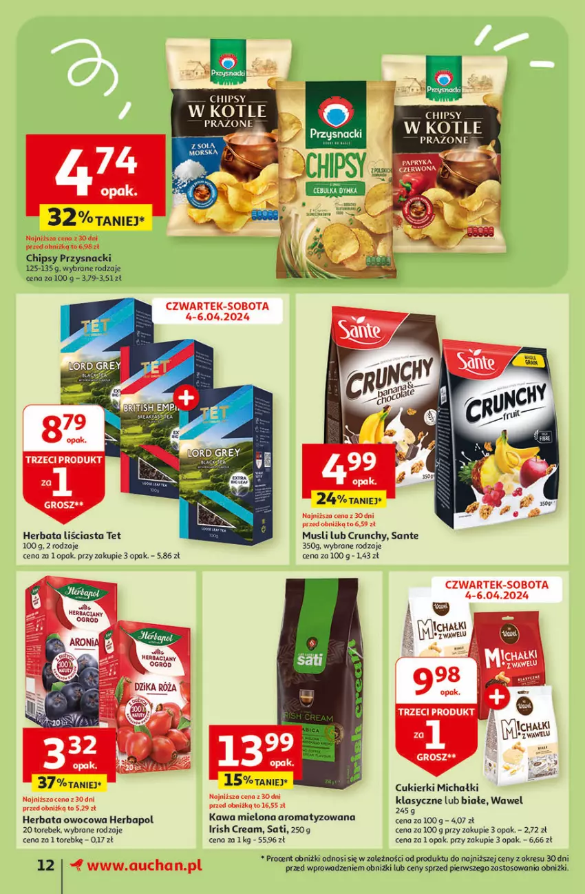 Gazetka promocyjna Auchan - Gazetka Oferty tygodnia! Supermarket Auchan - ważna 04.04 do 10.04.2024 - strona 12 - produkty: Aronia, Chipsy, Cukier, Cukierki, Dzika róża, Herbapol, Herbata, Herbata owocowa, Kawa, Kawa mielona, LG, Michałki, Mus, Ogród, Przysnacki, Róża, Sante, Sati, Wawel