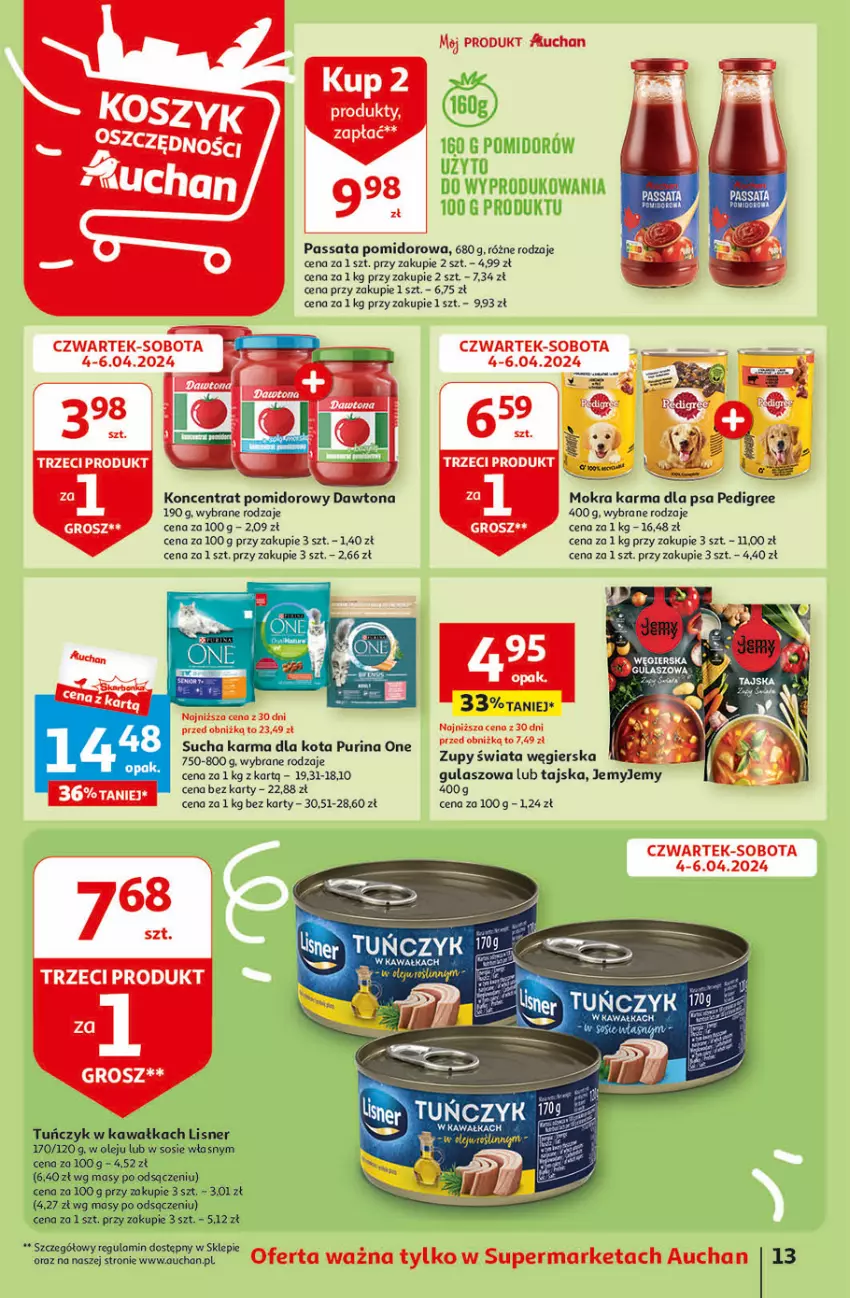 Gazetka promocyjna Auchan - Gazetka Oferty tygodnia! Supermarket Auchan - ważna 04.04 do 10.04.2024 - strona 13 - produkty: Dawtona, K2, Kawa, Koncentrat pomidorowy, Lisner, Mokra karma, Olej, Pedigree, Pur, Purina, Sos, Sucha karma, Tuńczyk