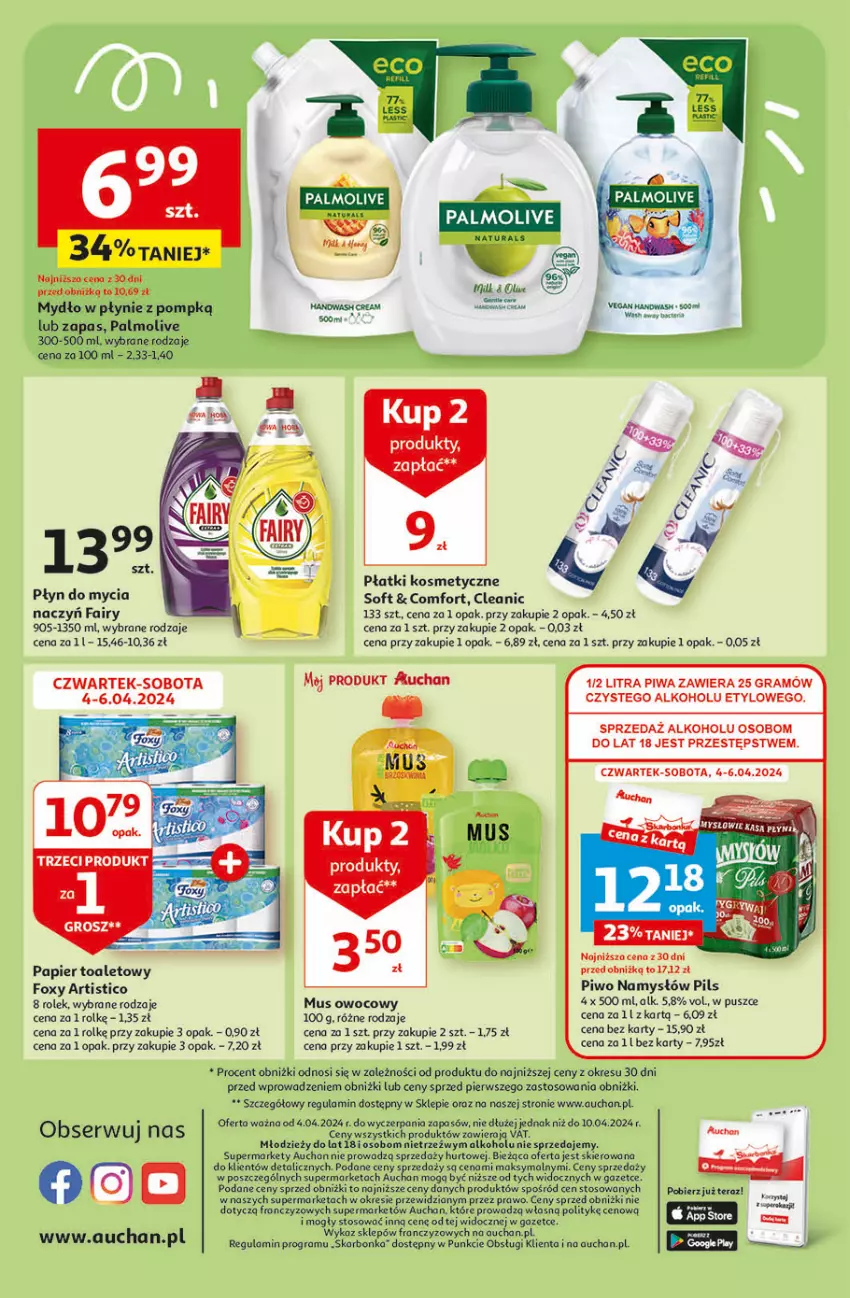 Gazetka promocyjna Auchan - Gazetka Oferty tygodnia! Supermarket Auchan - ważna 04.04 do 10.04.2024 - strona 14 - produkty: Cleanic, Do mycia naczyń, Fa, Fairy, Foxy, Gra, Mus, Mydło, Mydło w płynie, Namysłów, Palmolive, Papier, Papier toaletowy, Piwa, Piwo, Płatki kosmetyczne, Płyn do mycia, Płyn do mycia naczyń, Ser, Tera