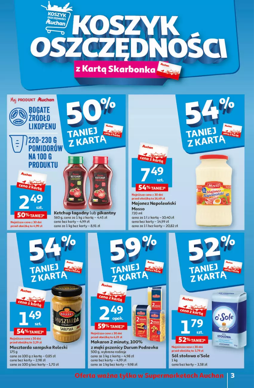 Gazetka promocyjna Auchan - Gazetka Oferty tygodnia! Supermarket Auchan - ważna 04.04 do 10.04.2024 - strona 3 - produkty: Ketchup, Majonez, Makaron, Mus, Musztarda, Nuty, Oleo, Podravka, Rum, Sól