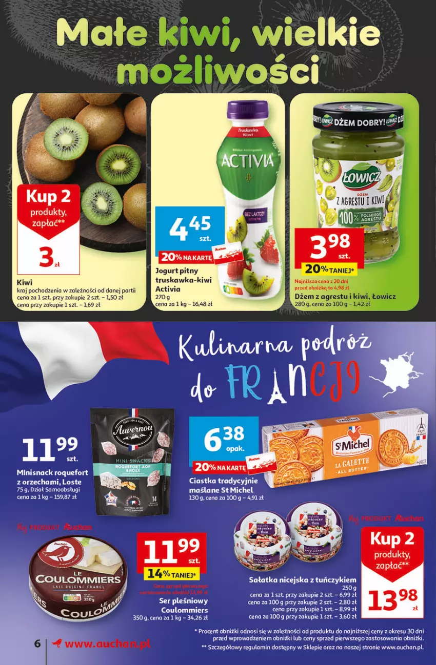 Gazetka promocyjna Auchan - Gazetka Oferty tygodnia! Supermarket Auchan - ważna 04.04 do 10.04.2024 - strona 6 - produkty: Activia, Dżem, Gres, Jogurt, Jogurt pitny, Kiwi, Roquefort, Sałat, Sałatka, Ser, Ser pleśniowy, Tuńczyk